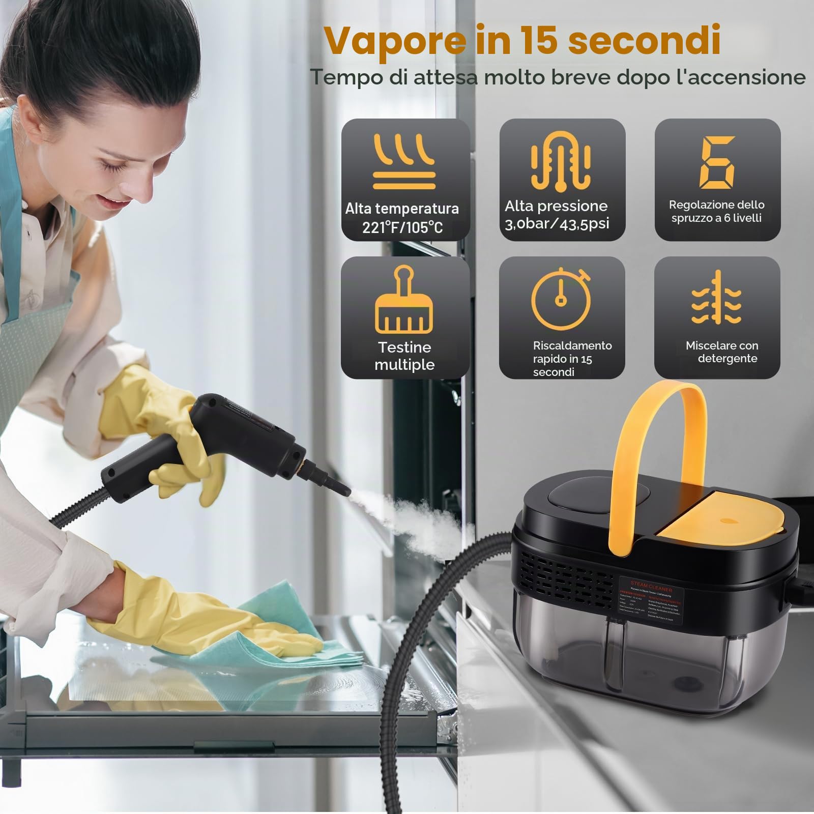 2500 W pulitore a vapore con schermo digitale, pulitore a vapore a mano con 7 teste di spazzola regolabili su 3 livelli, 1100 ml serbatoio d'acqua di grande capacità per pulizia, divani, piastrelle