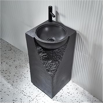 Small Pedestal Sinks for Bathrooms One Hole Pedestal Bathroom Sink with Faucet Resin Stone Square Freestanding Vanity Sink for Indoor Outdoor Home Hotel,Noble Black