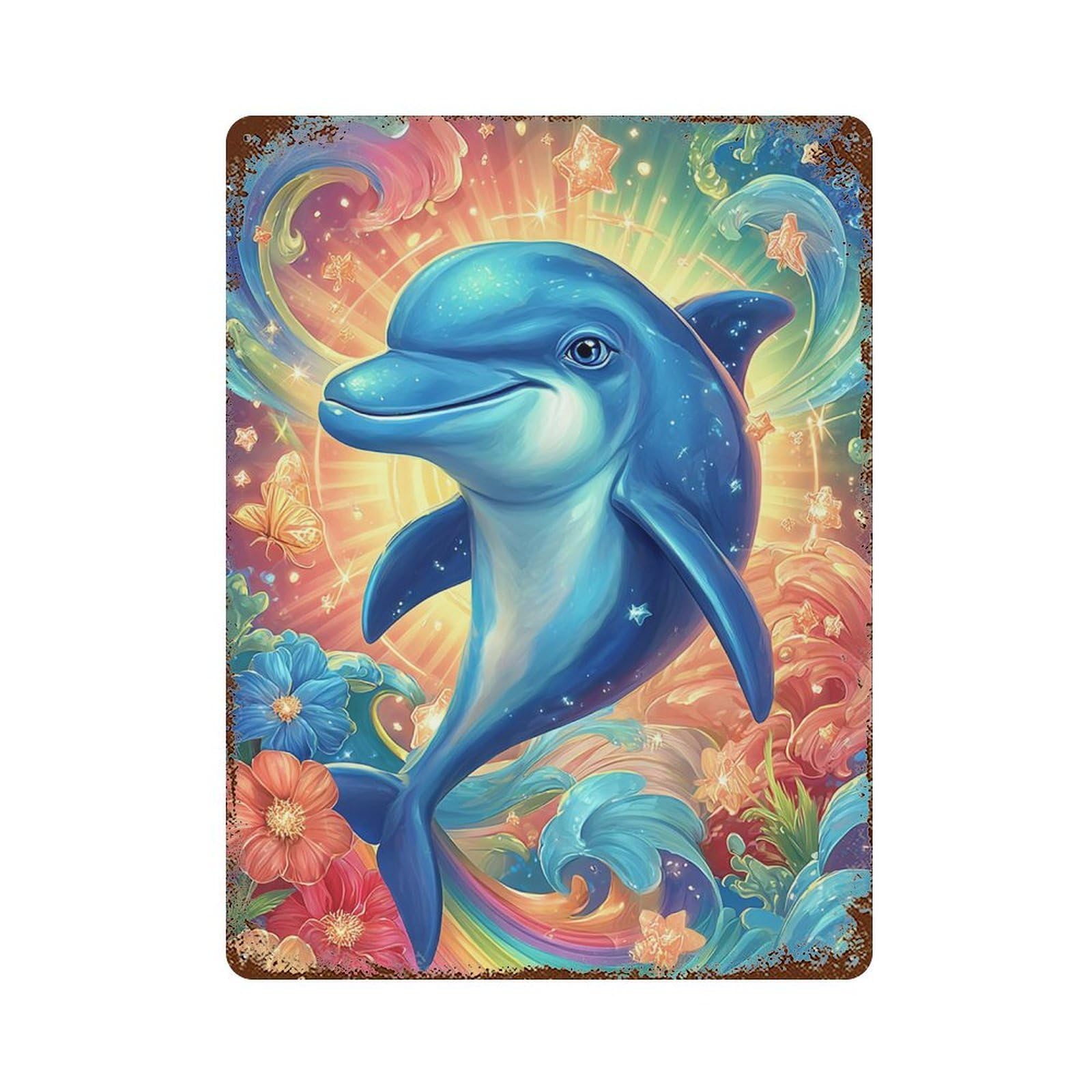 Garage Style Colorful Dolphin Fantasy Artwork Retro Metal Sign 15.7"x11.8", Classic Wall Plaque for Bar And Workshop