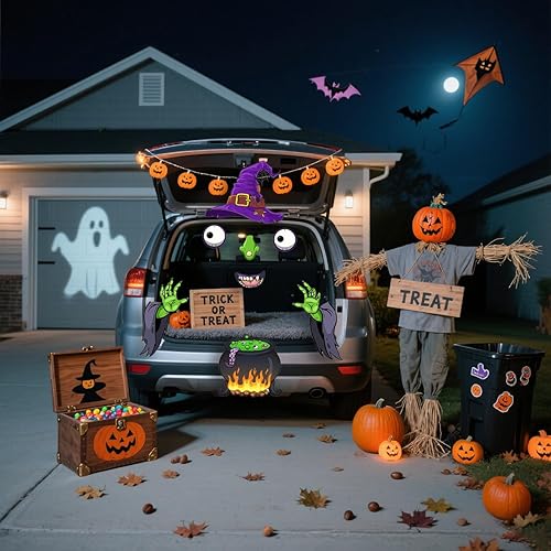 Miniatura 3 de Kit de decoración de maletero o golosinas, decoración de automóvil de Halloween para SUV, calcomanía de cara de monstruo de bruja aterradora para