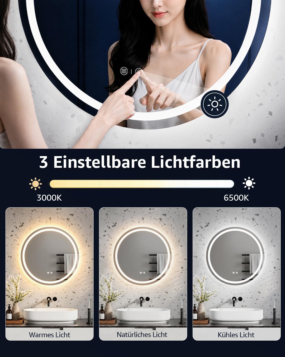 Badspiegel mit Beleuchtung, Smart LED Badezimmerspiegel Rund 60cm mit Sprachsteuerung Alexa, App, Touch Schalter, Speicherfunktion, Dimmbar, 3 Lichtfarben, Timing, Beschlagfrei Wandspiegel Badezimmer