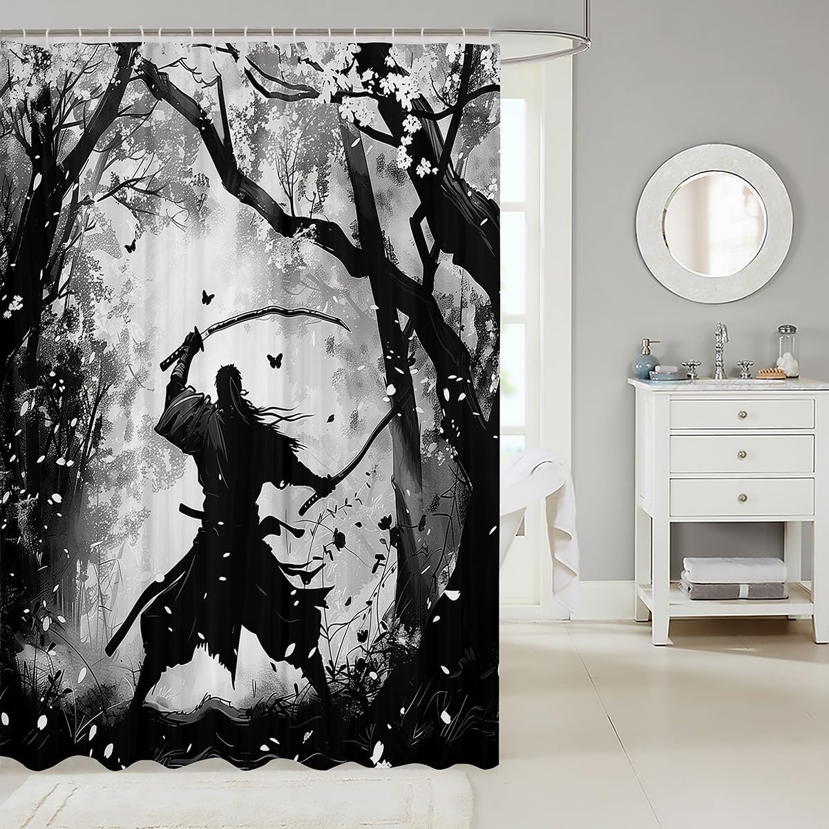 Erosebridal Samurai Print Waterproof Bathroom Curtain Black and Grey Bath Curtain, Japanese Style Shower Curtain Oriental Asian Karate Kungfu Bathroom Curtains for Boys Men, Eastern Culture Shower Set