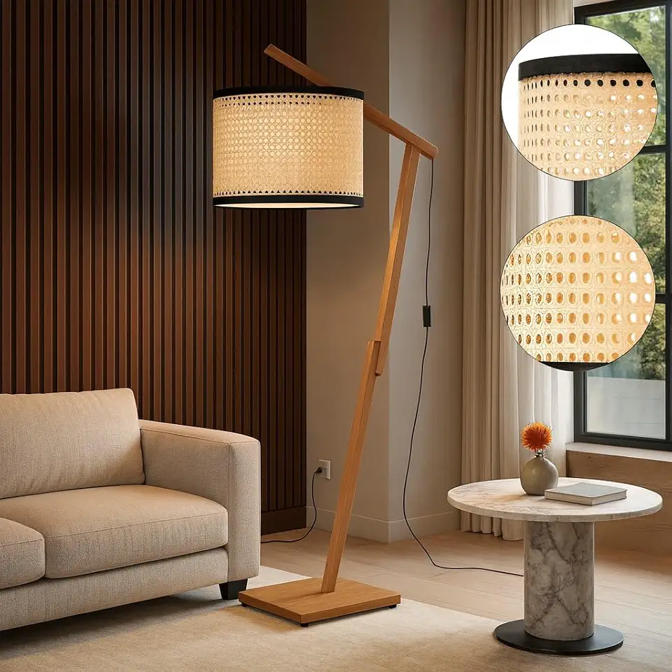 D+MOB Luminária Aurora De Chão Em Madeira Com Cúpula Palha Moderno