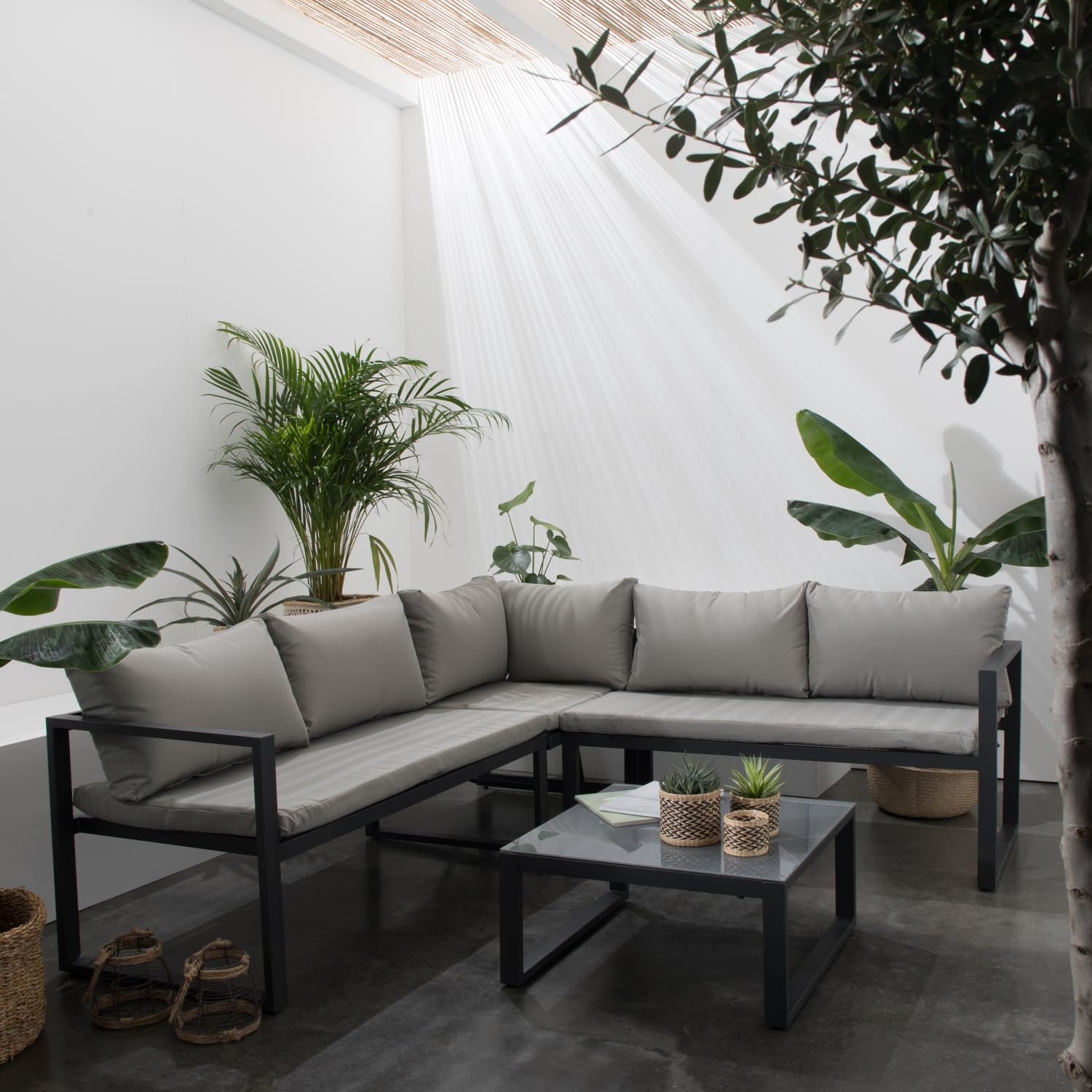 Happy Garden Salon de Jardin modulable Ibiza en Tissu Gris 4 Places - Aluminium Anthracite