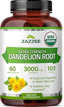 Zazzee USDA Organic Dandelion Root 101 Extract, 60 Capsules, 2 Month Supply, Liver & Detox Support, Taraxacum Officinale, Organic Herbal Supplement, All-Natural, Non-GMO, Made in the USA