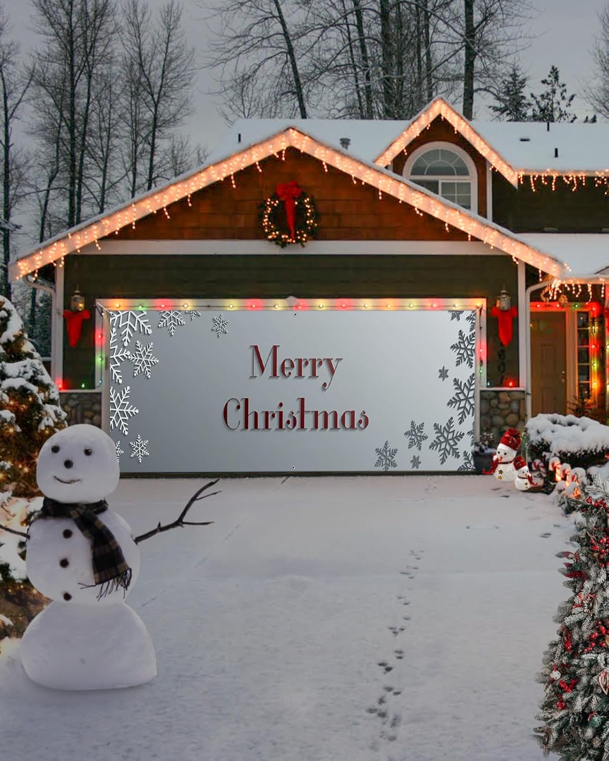 Christmas Garage Door Banner Cover 7 x 8 ft, Snowflake With Merry Christmas Decorations, Holiday Backdrop Decor for Winter New Year Xmas Party