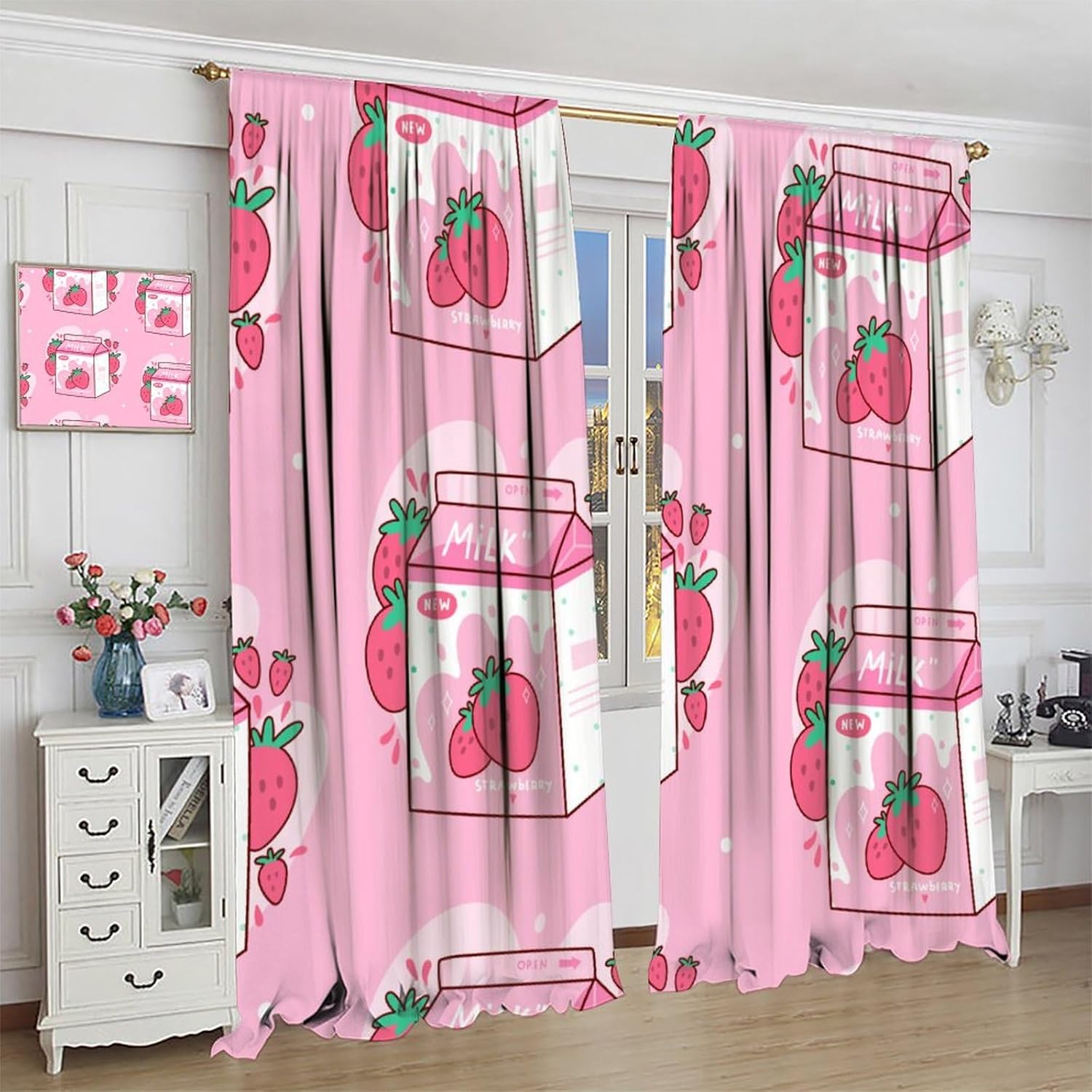 Strawberry Blackout Window Curtain ﻿Carton Strawberry Milk Cute Pink Modern Family for Home Kitchen Restaurant Decoration Window Curtain 2Panel 42" W X 45" L