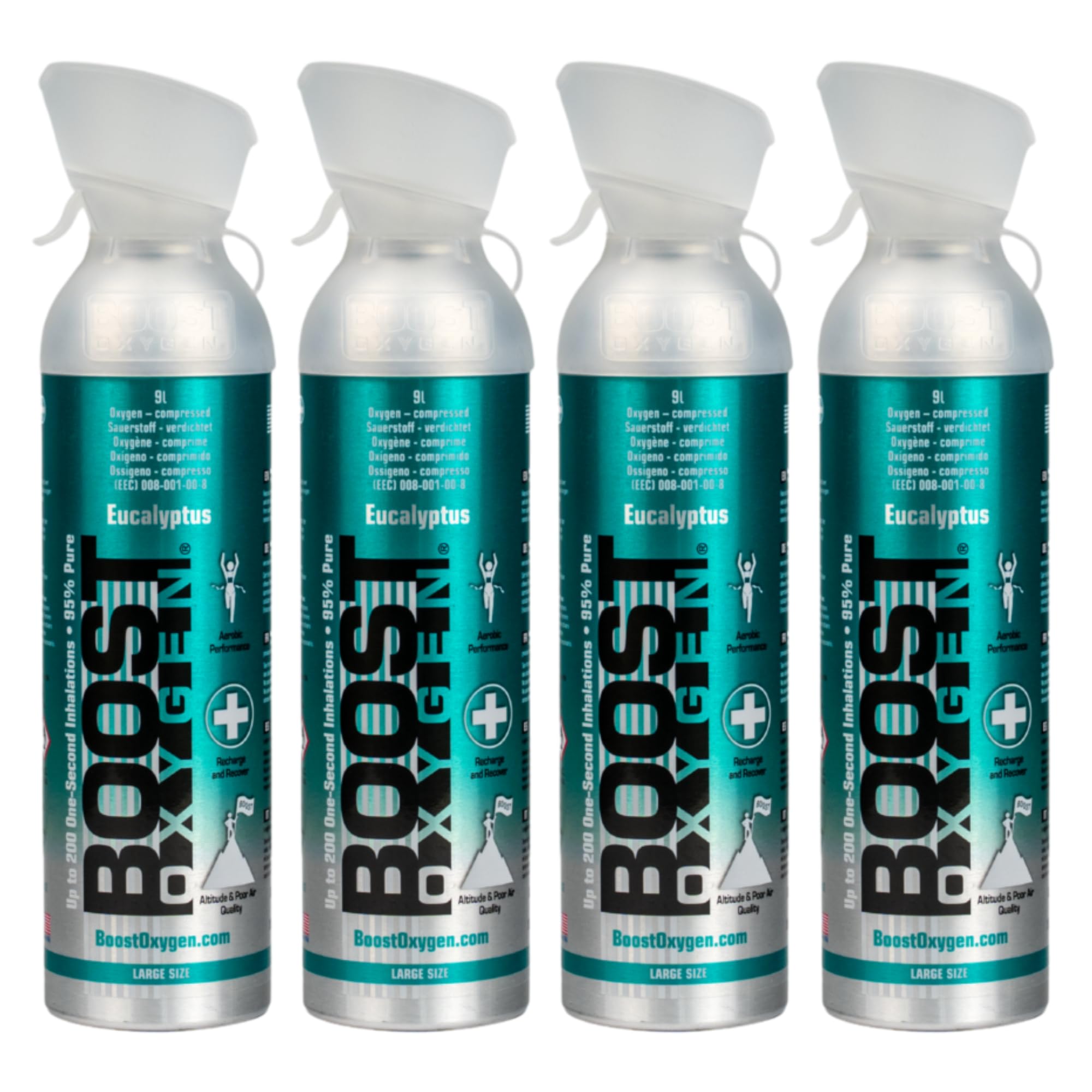 Boost Oxygen Eucalipto 9L (4 Pack) | Bomboletta di Ossigeno Puro al 95% Portatile per Recupero, Concentrazione e Energia