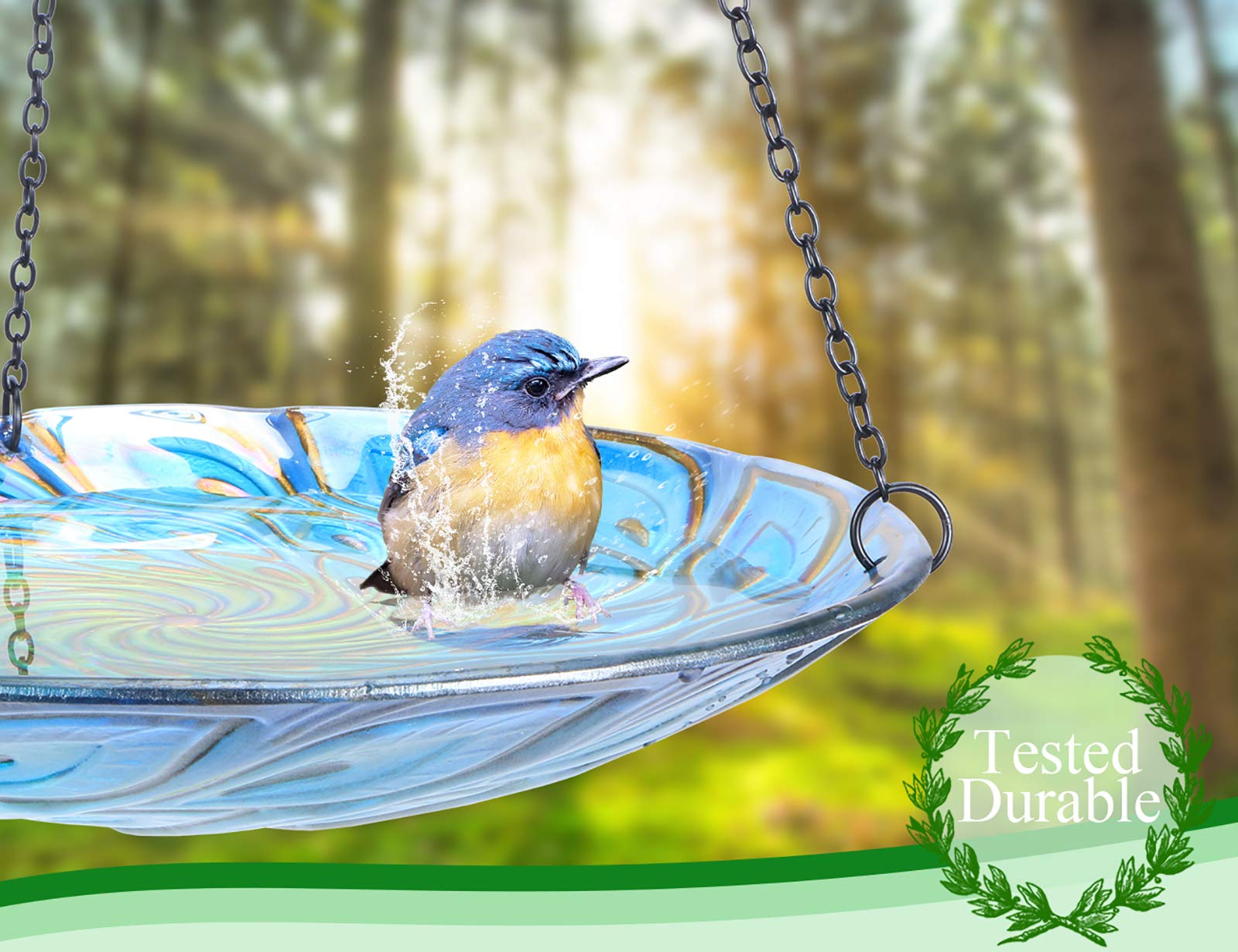 MUMTOP Vogeltränke zum Aufhängen, 27,9 cm, Glas, Pfau, Vogelfutterstation für Garten, Hof, Dekoration