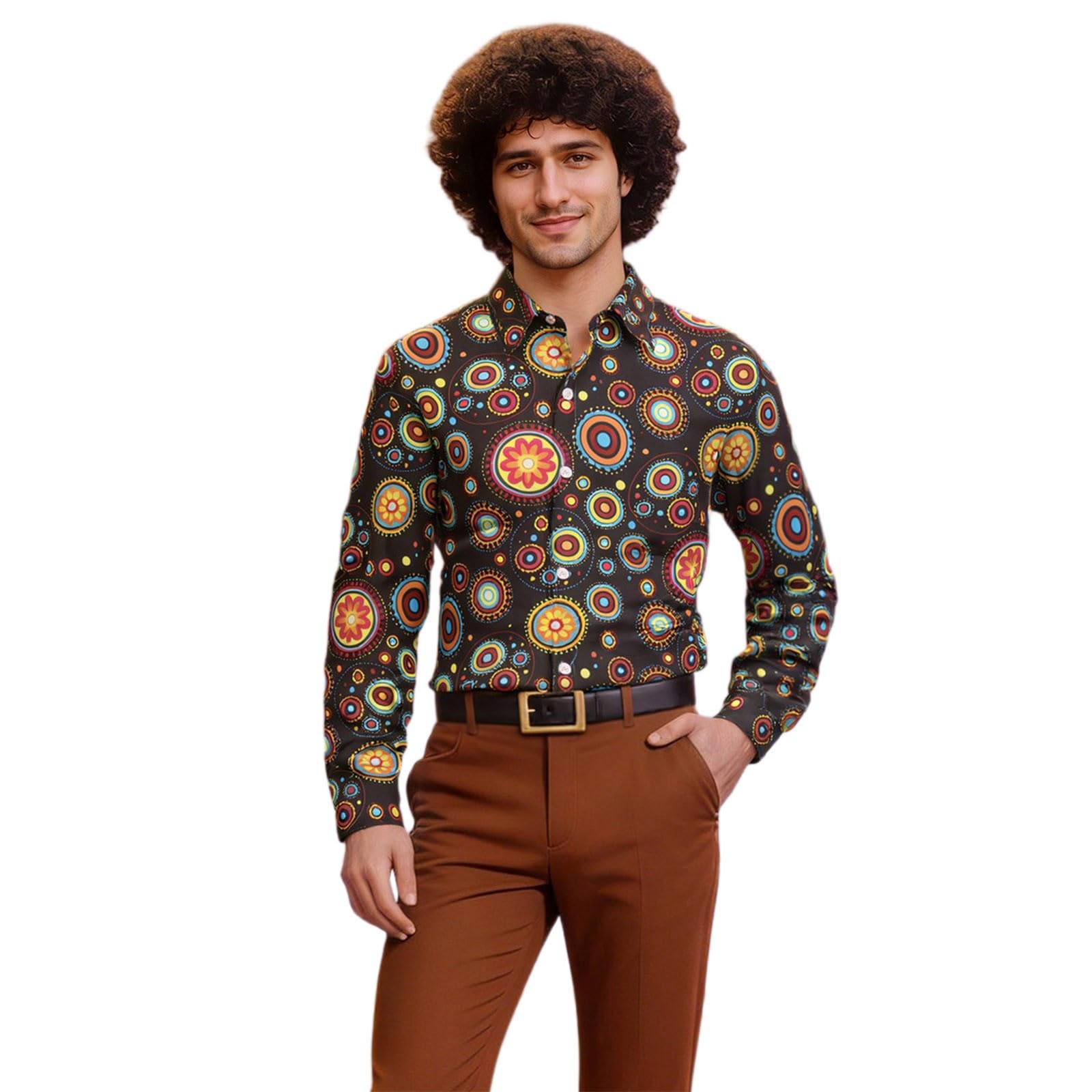 70s Fancy Dress Mens, 60s 70s 80s Fancy Dress Men, Hawaiian Shirts for Men Retro Casual Button Down Shirt Shirts Printed Long Sleeve Disco Holiday Black L