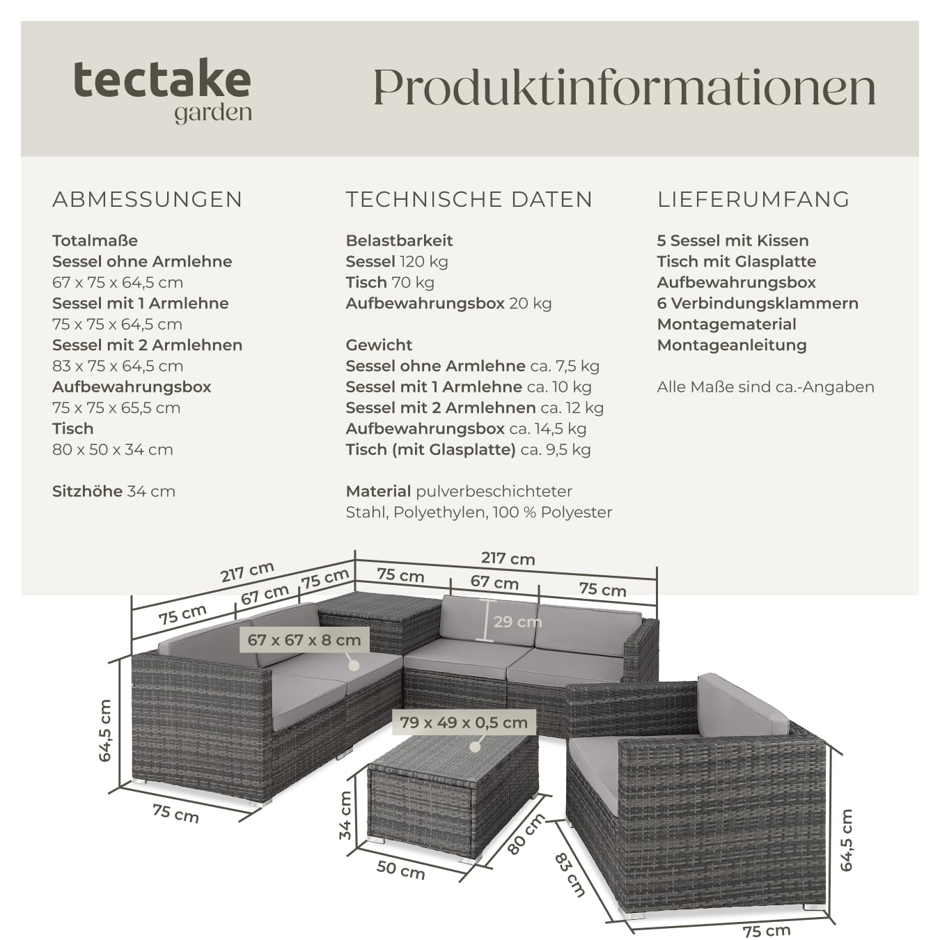 tectake Polyrattan Sitzgruppe mit Aufbewahrungsbox für Polster, Tisch mit Glasplatte, frei zu gruppierendes Gartenmöbel Set, Rattan Lounge für den Garten – Balkonmöbel, Balkonmöbel Kleiner Balkon