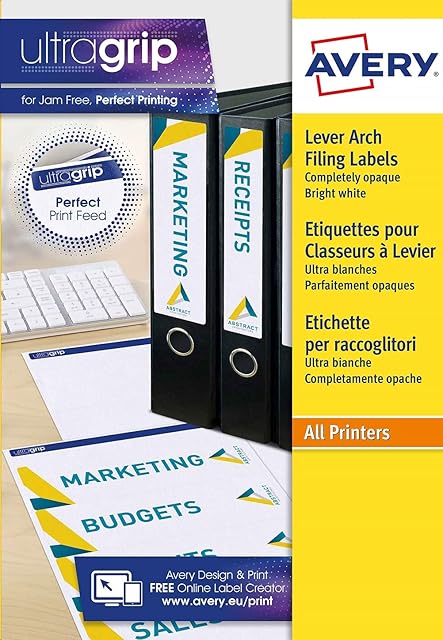 Avery L4761-25 Self-Adhesive Lever Arch File Labels, 4 Labels Per A4 Sheet, 100 Labels Per Pack, White