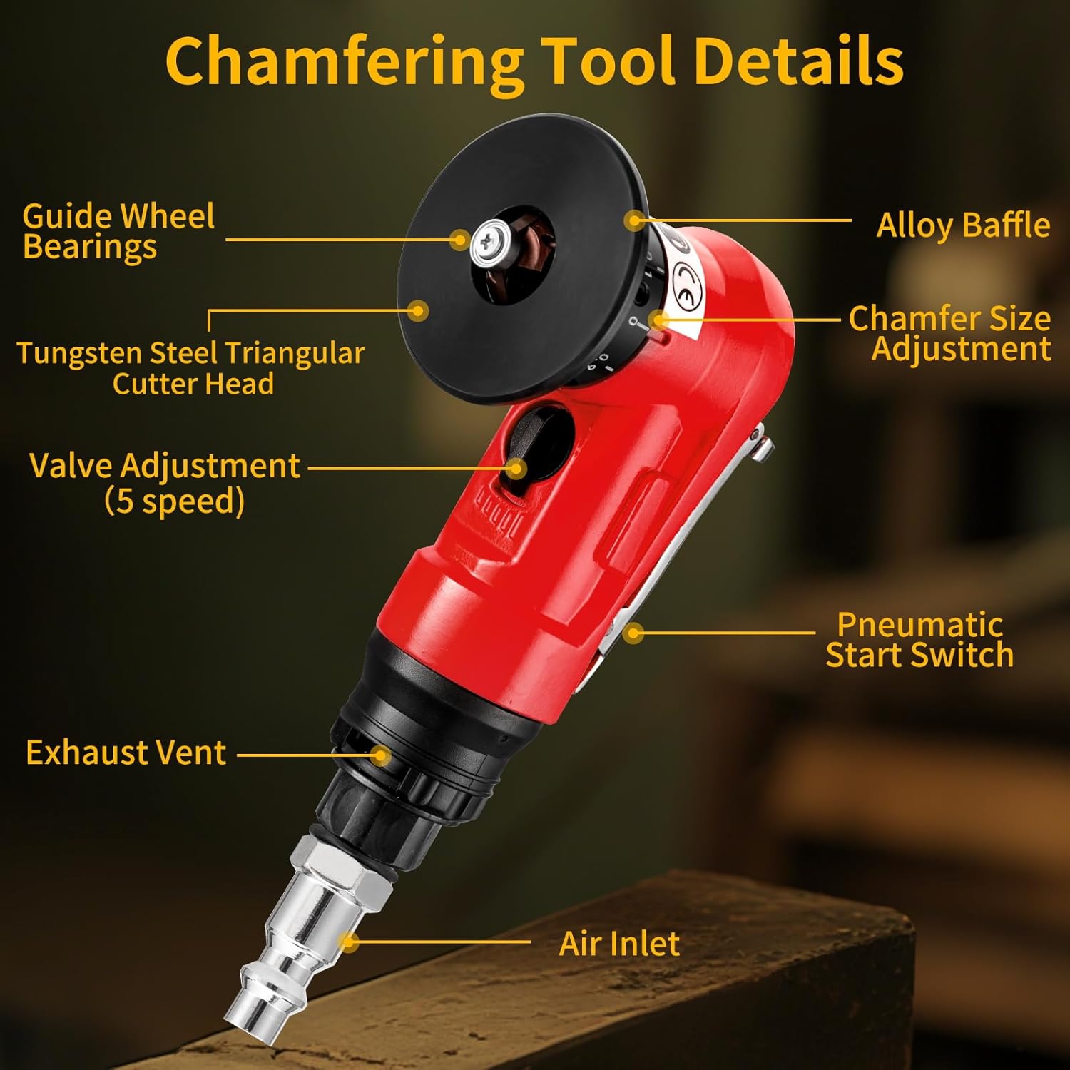 2 in 1 Pneumatic Chamfering Tool,Air Chamfer Tool with 8 C-Angle & 16 R-Angle Blades, 45° 30000 RPM Chamfering Tool for Metal and Wood (Red))