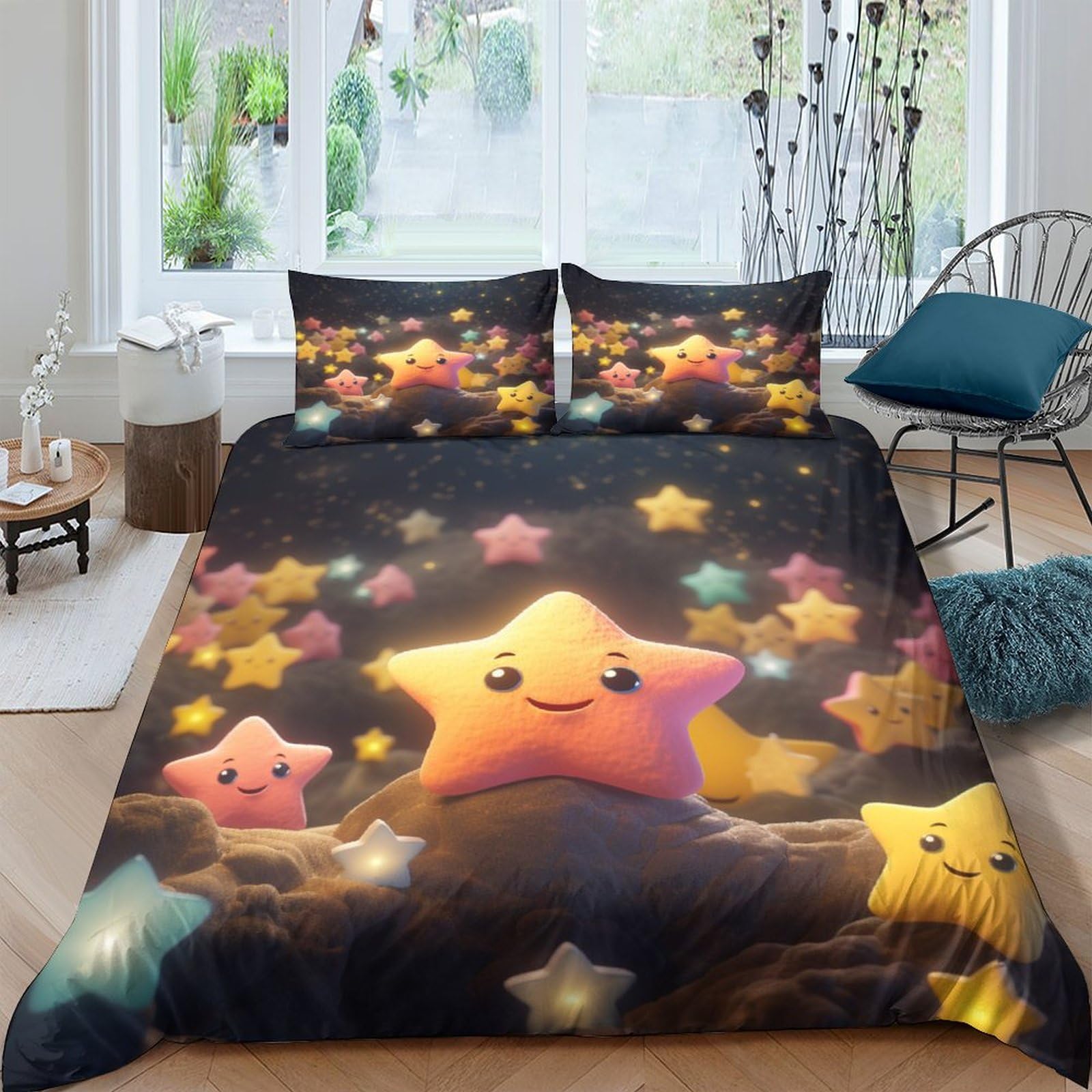 Housse de couette étoiles brillantes anti-glisse avec fermeture à glissière King 220x240