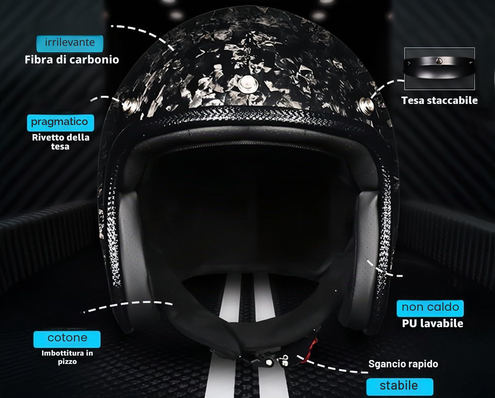 Casco Da Moto Jet Stile Vintage, Omologato ECE, In Fibra Di Carbonio, Leggero, Con Visiera Parasole E Interno Rimovibile.