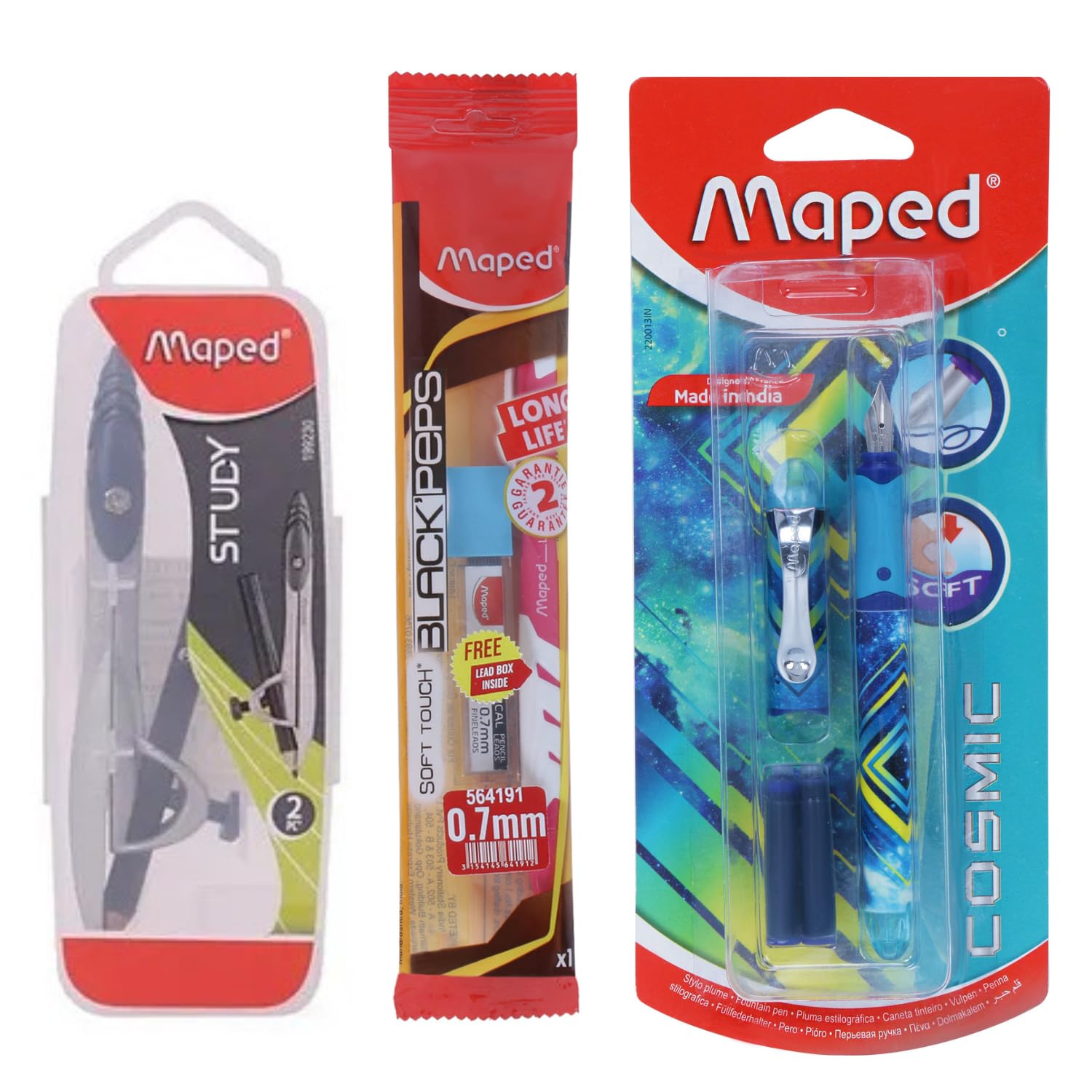 Maped Ensemble de papeterie secondaire | Un stylo plume, un porte-mine et une boussole ronde | Papeterie esthétique | Qualité haut de gamme avec résultats Satisafactionery | Utilisation sans effort |