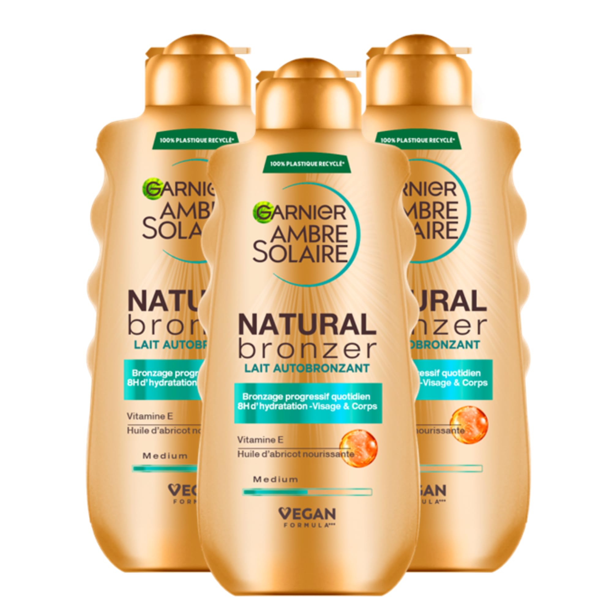 Garnier Ambre Solaire Natural Bronzer Lait Autobronzant Graduel et Hydratant 8h avec Huile d'abricot et Vitamine E - 3 Flacons de 175ml