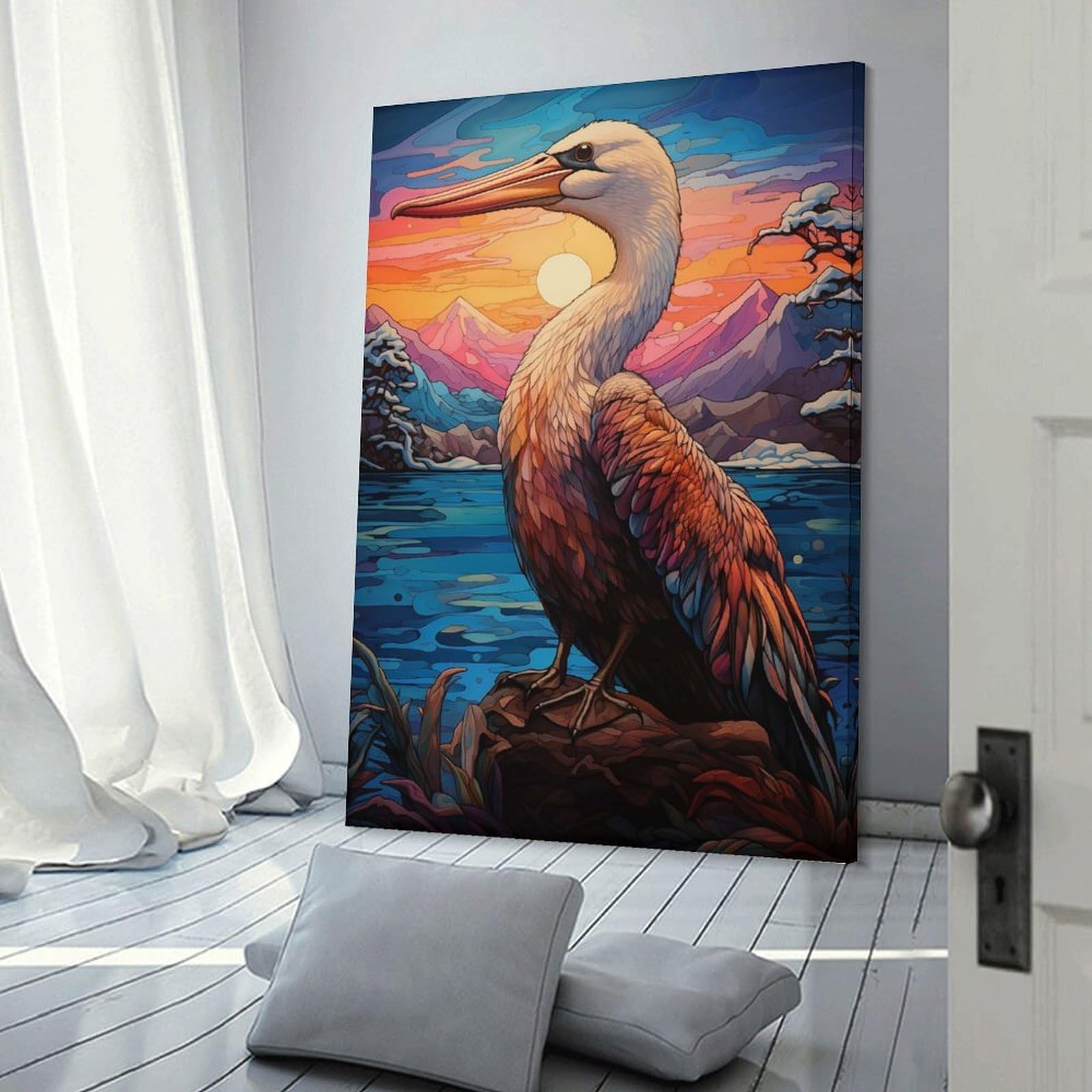 Junmoney Frame-Style-12 Canvas Art Print Seagull Stained Glass, 12X18inch(30X45cm), For Office, Study Or Home Workspace, Wall Art That Adds Style To Work Areas