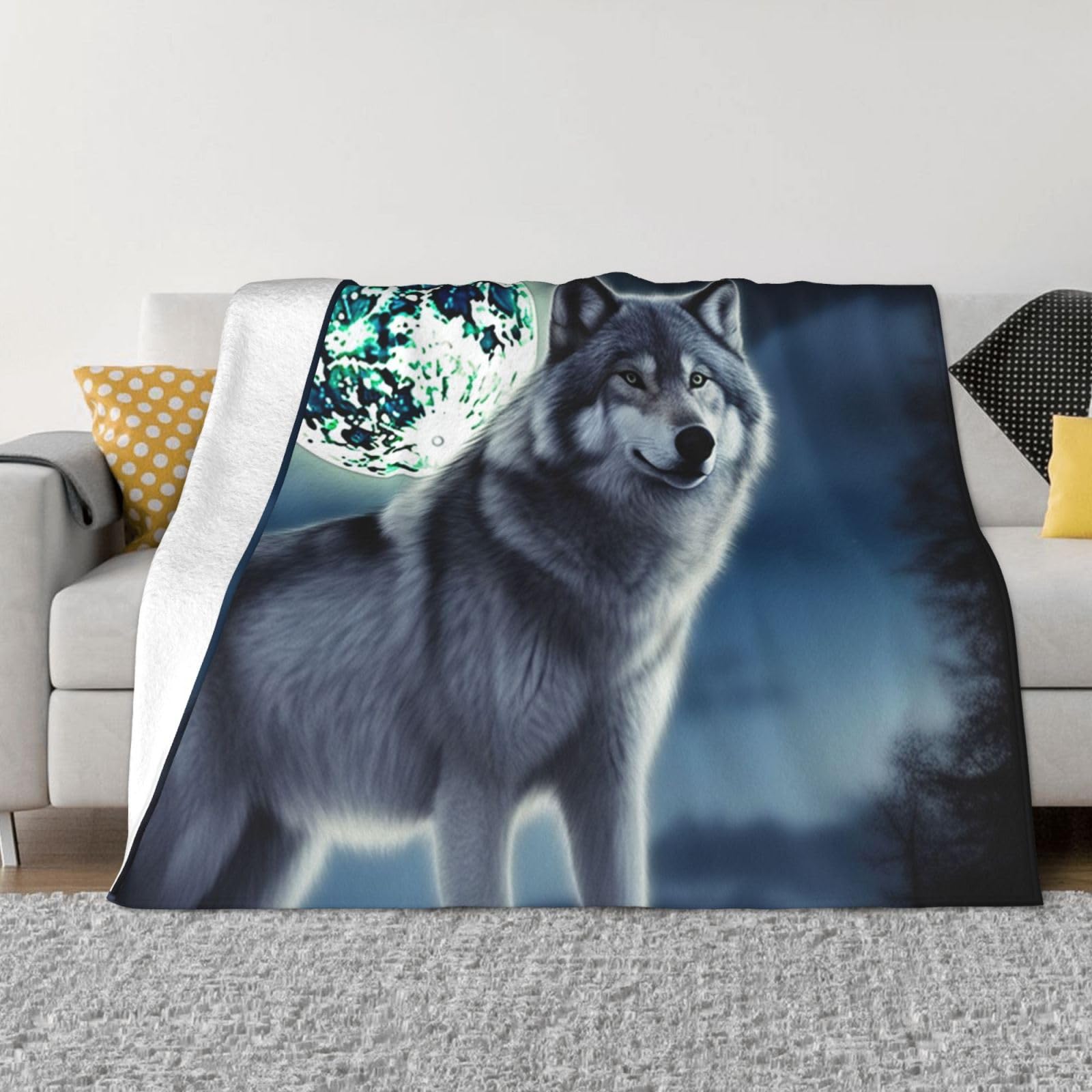FodPand Wolf Under Moon Fleece Blanket 40"x30" Lightweight Warm Throw Blanket for Bed Couch Cozy Air Conditioning Quilt All Seasons Decorative Fuzzy Blankets Gifts for Women Men