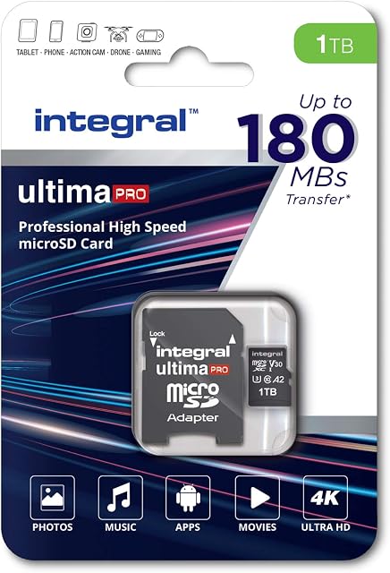 Integral 1TB Micro SD Card 4K Video Read Speed 180MB/s and Write Speed 150MB/s MicroSDXC A2 C10 U3 UHS-I 180-V30 Our Fastest Ever High Speed Micro SD Memory Card