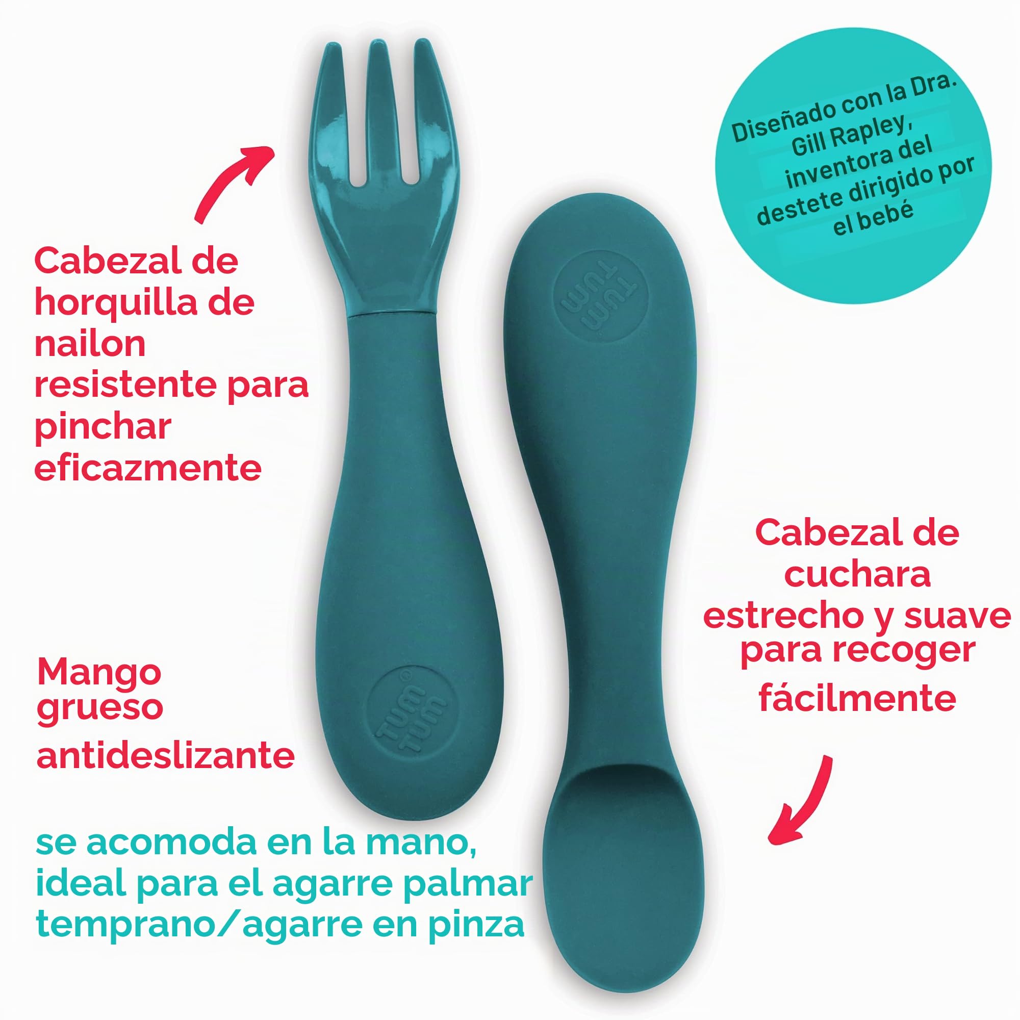 TUM TUM Cubiertos de Bebé con Estuche de Cubiertos, Tenedor y Cuchara de Bebé, 6m+, Azul