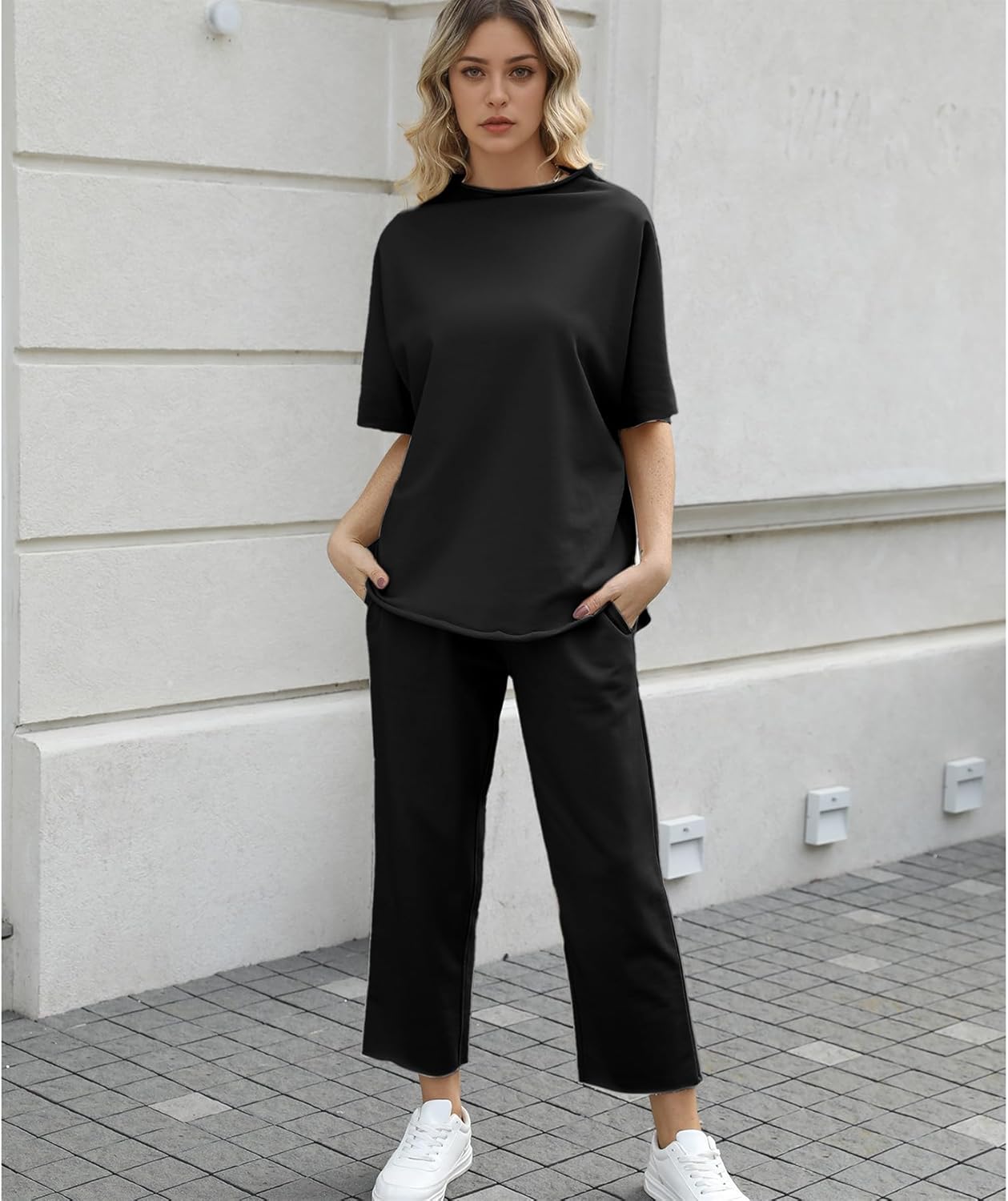 Ainangua Women Casual Two Piece Outfits 3/4 Batwing Sleeve Capelet CrewNeck Pullover Top Wide Leg Pants Lounge Sets Sweatsuit - Image 6