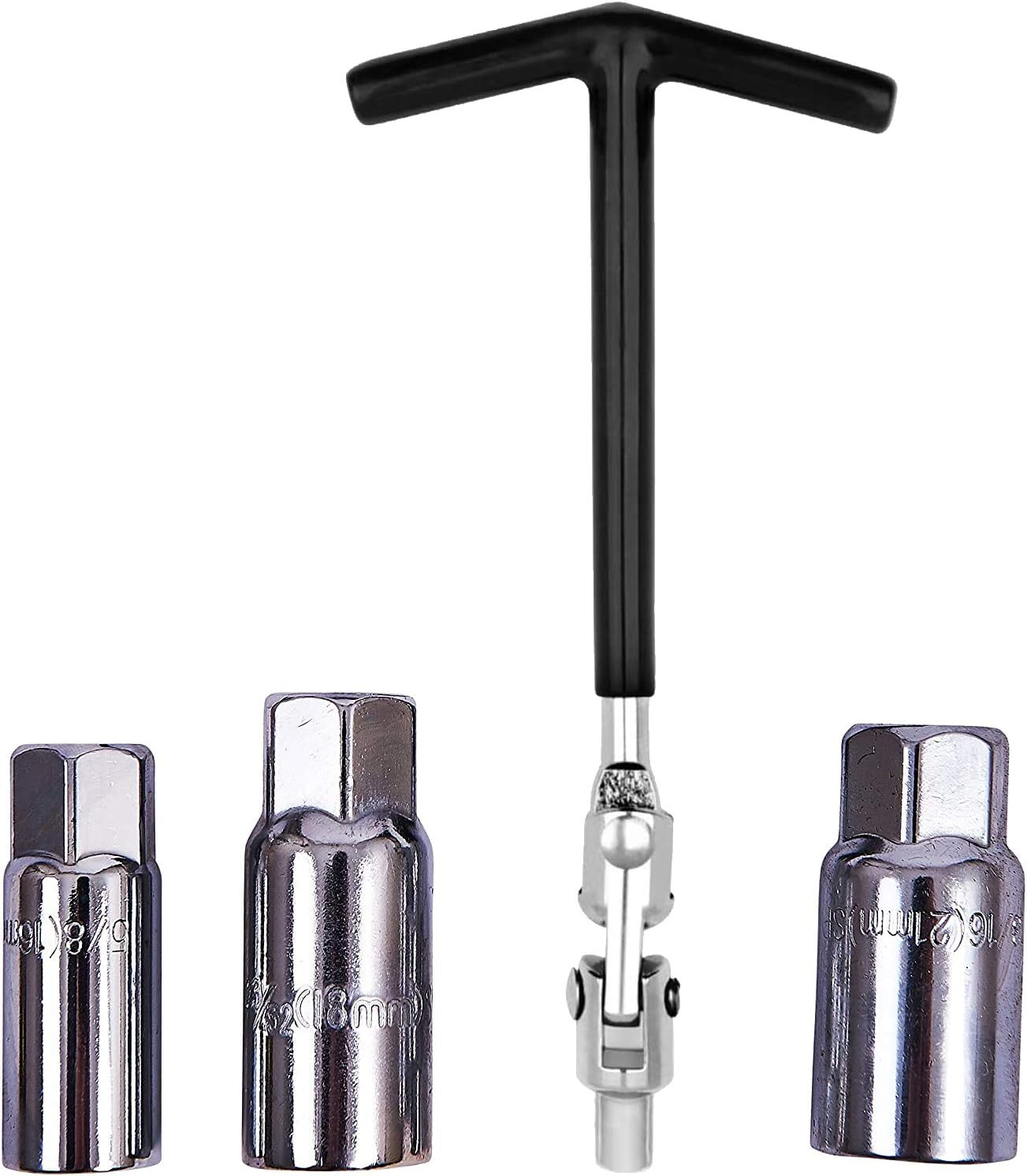 4PC T BAR Spark Plug Wrench Set Heavy Duty Chrome Spark Plug Removal 16mm 18mm & 21mm Tool Wrench Non-Slip Grip T-Handle T-Bar Flexible Spanner Socket 4-17