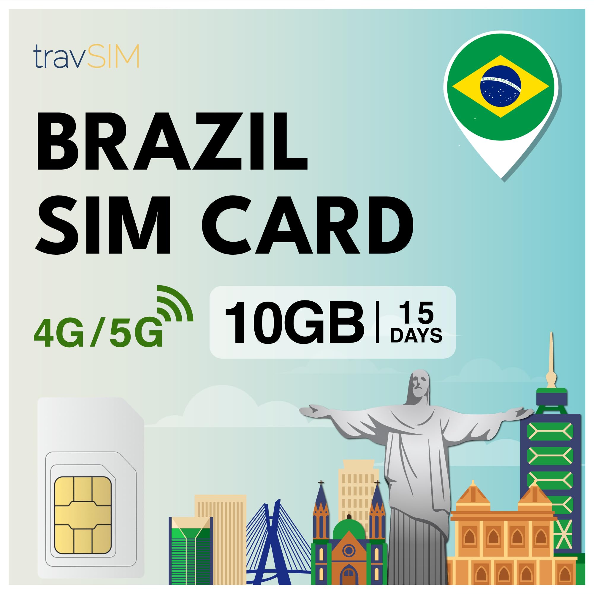 travSIM Brasilien SIM Karte | 10GB Mobile Daten bei 4G/5G Geschwindigkeiten | unbegrenzter Internetzugang für Google, Facebook, Whatsapp und mehr | Der Plan der Brasilien SIM Karte ist 15 Tage gültig