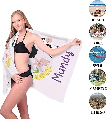 Miniatura 3 de Toalla de playa personalizada con diseño de animales de granja rosa con nombre, de secado rápido, absorbentes, 2 lados impresos, para regalo de