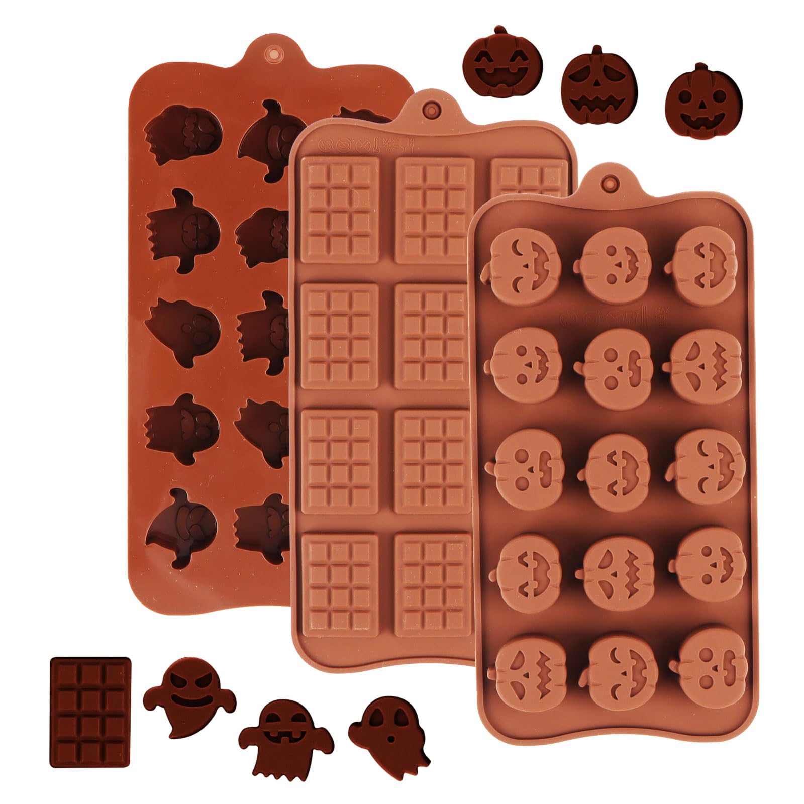 MplehDaHalloween Silicone Molds, 3 Pieces Halloween Pumpkin Silicone Baking Mould, Halloween Ghost Silicone Chocolate Mould, Halloween Chocolate Moulds for DIY Halloween Chocolate (Halloween 3