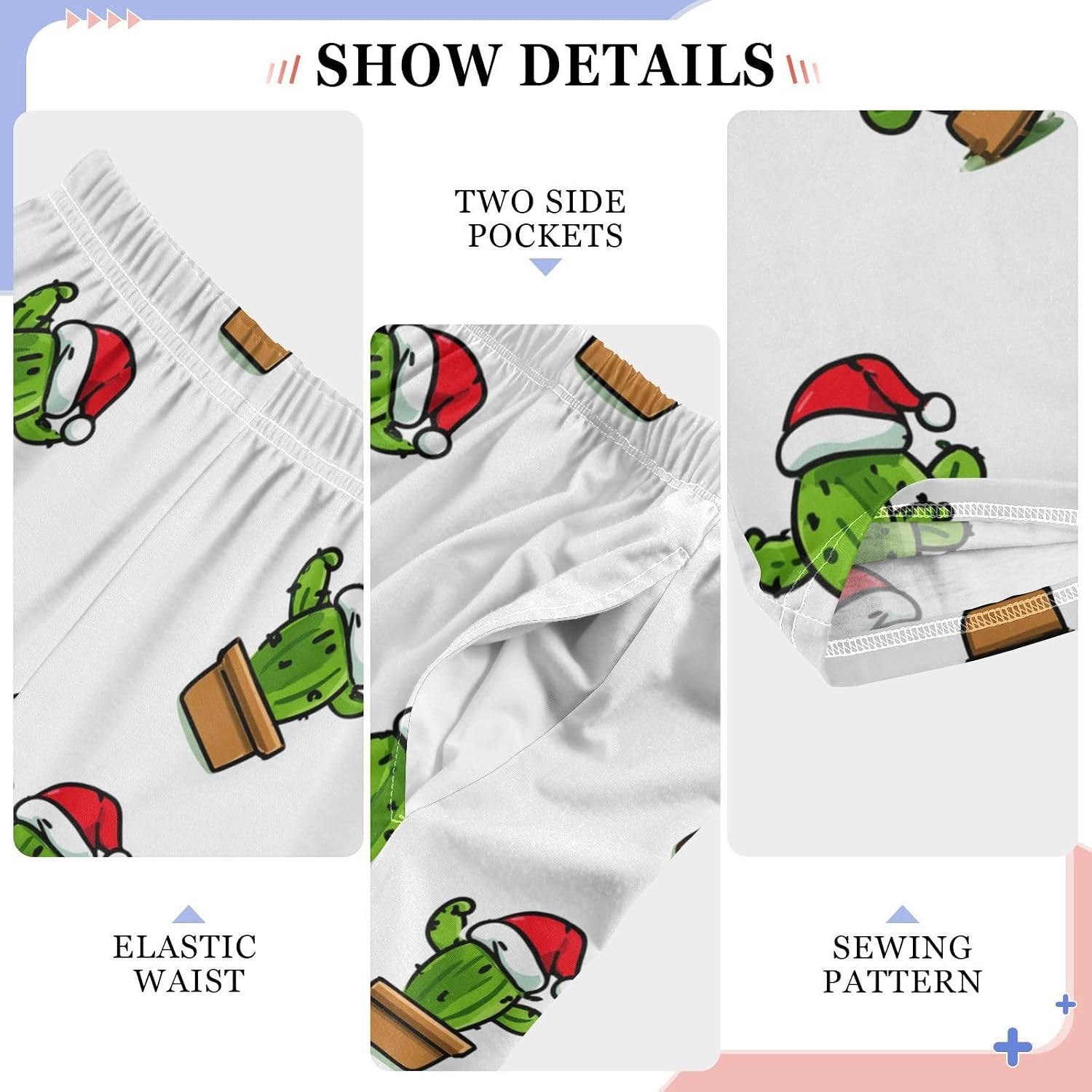 visesunny Boys' Pants Cute Cacti Santa Hat Pattern Jogger Pants Elastic Waist Long Bottoms Trousers Pockets S-XL