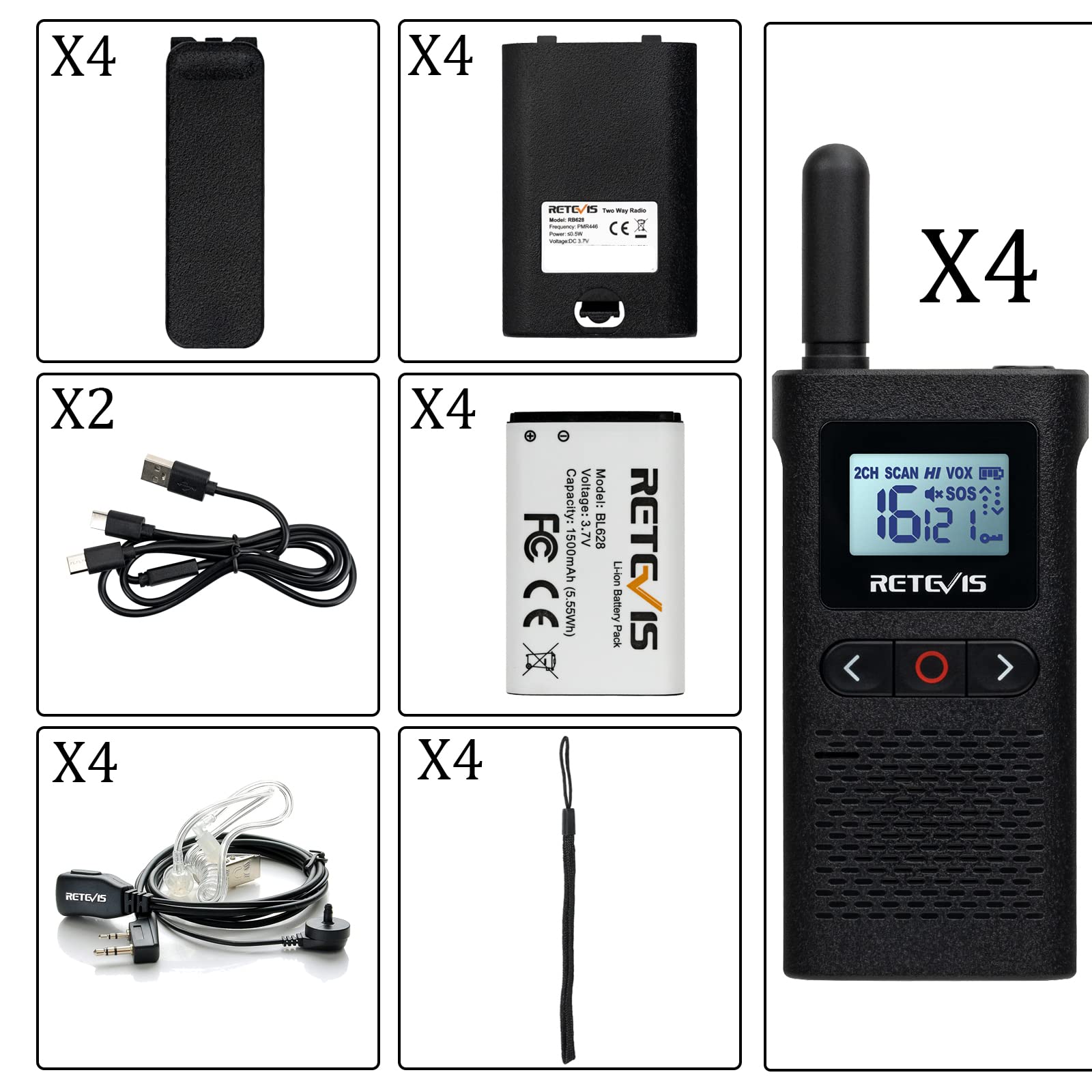 Retevis RB628 Walkie Talkie, Ricetrasmittenti Professionali PMR446 con Auricolare, 1500 mAh, USB-C, VOX Schermo LCD, Walkie-Talkie Professionali per Ristorante, Scuola (4 Pezzi, Nero)