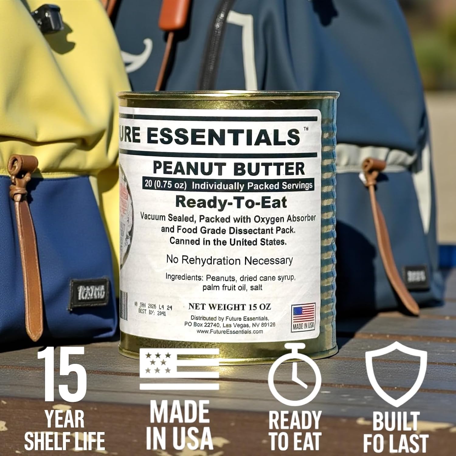 Future Essentials Canned Peanut Butter – Ready-to-Eat, Creamy Peanut Butter with 15 Year Shelf Life – Suitable for Snacks, Survival, & Travel – #2.5 Can, 15oz, 20 Individually Packed Servings