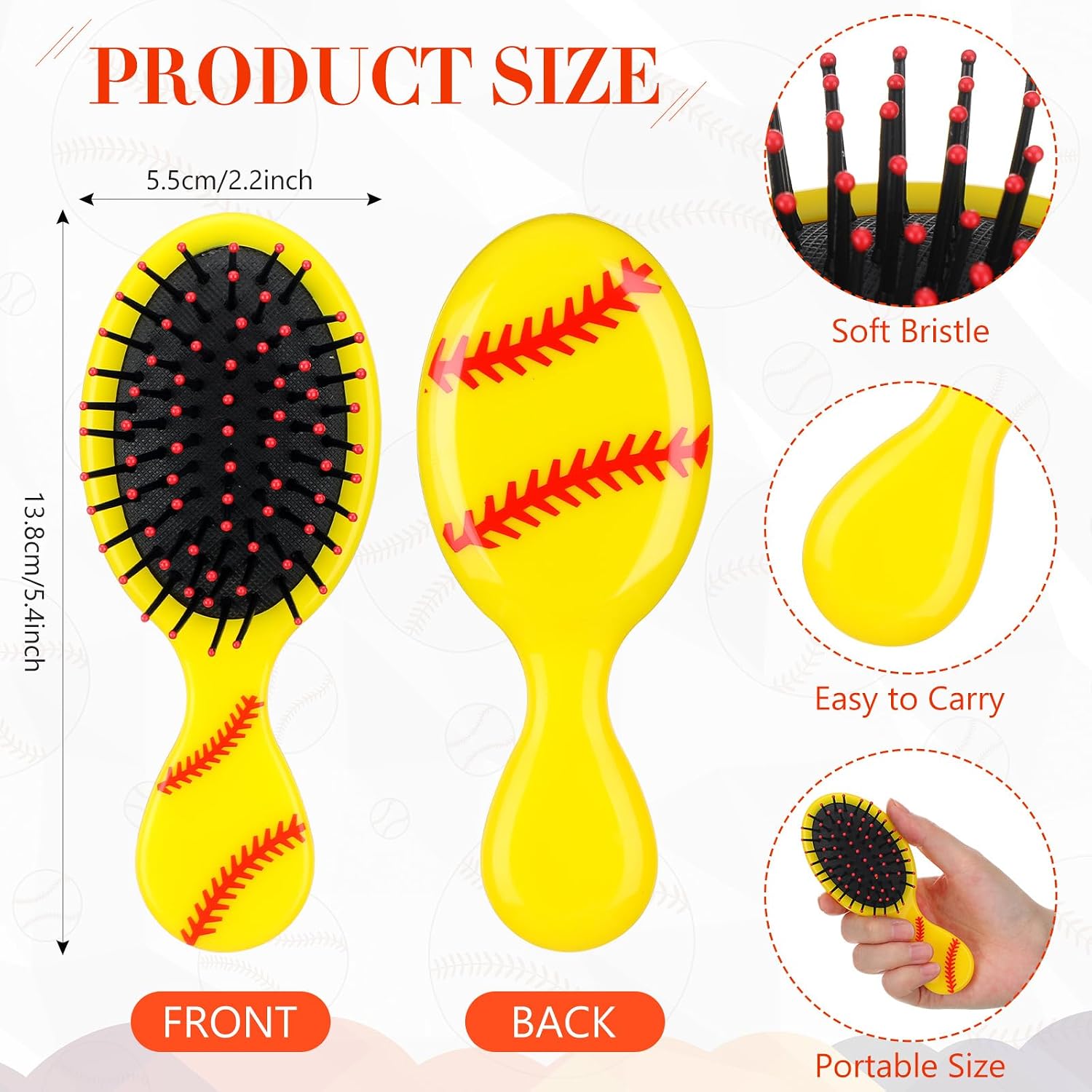 SiliFine 12 Pcs Mini Detangling Hair Brushes for Softball Team Gifts, Sports Parties - Plastic with Yellow Bristles