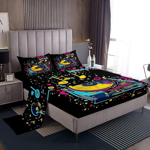 Erosebridal Juego de sábanas retro de los años 80 y 90, para niños, adolescentes, música hip pop, notas musicales, sábana encimera vintage de 1980,