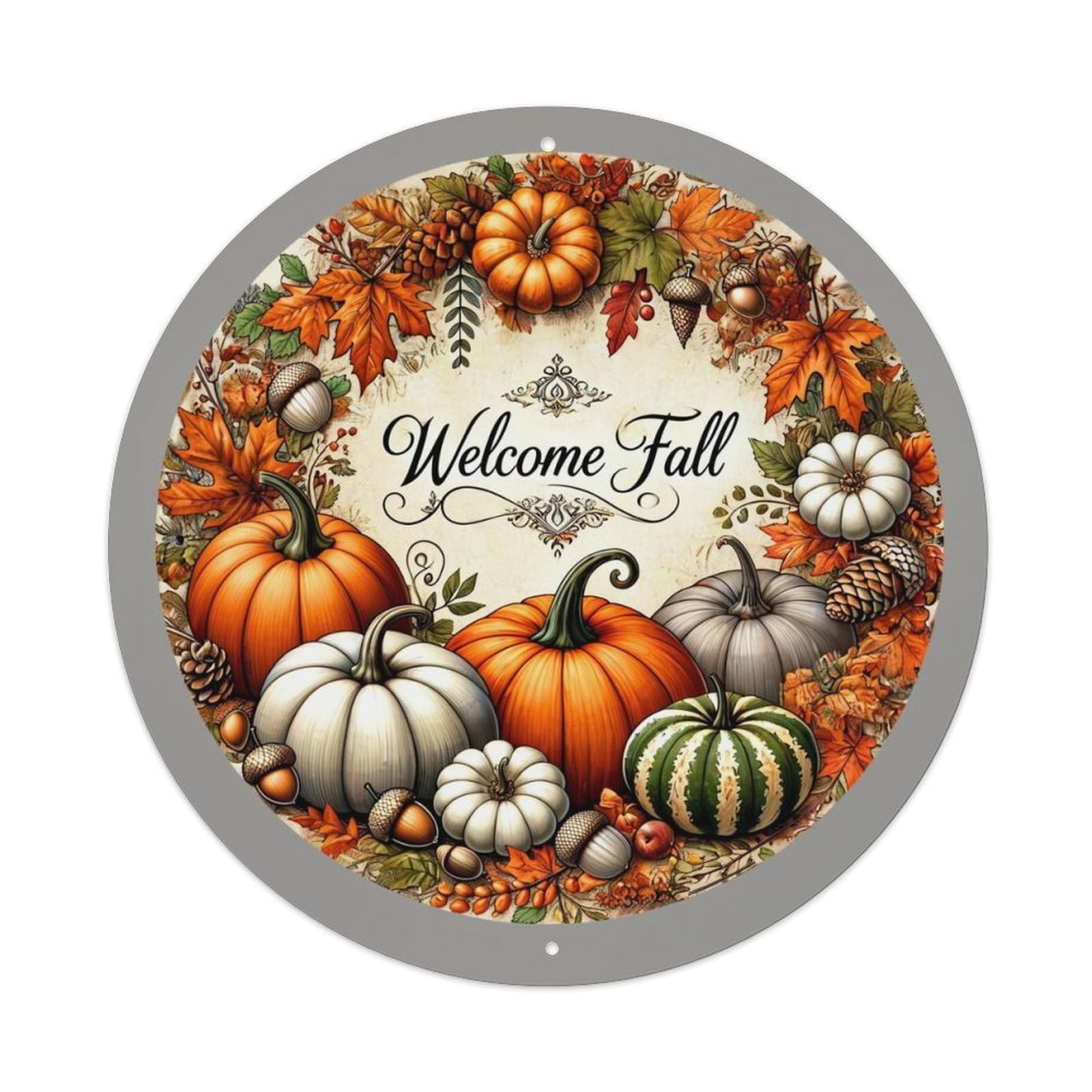 Autumn Leaves Pumpkins Acorns Gourds Vintage Round Tin Sign Retro Metal Wall Decor Metal Poster, Home Bar Garage Cafe Wall Art Decoration 8x8Inches