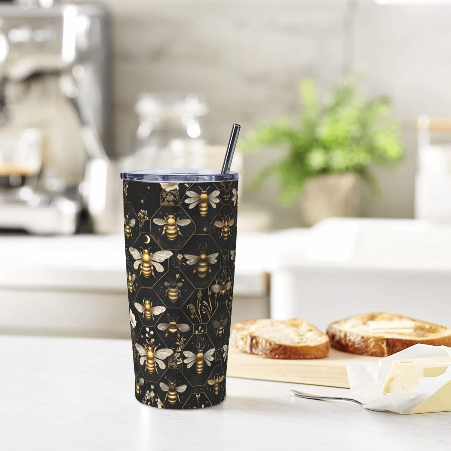 Bee Tumbler with Lid and Straw 20oz Coffee Tumblers Leakproof Stainless Steel Travel Mug Vacuum Insulated Cup for Iced and Hot - Image 3