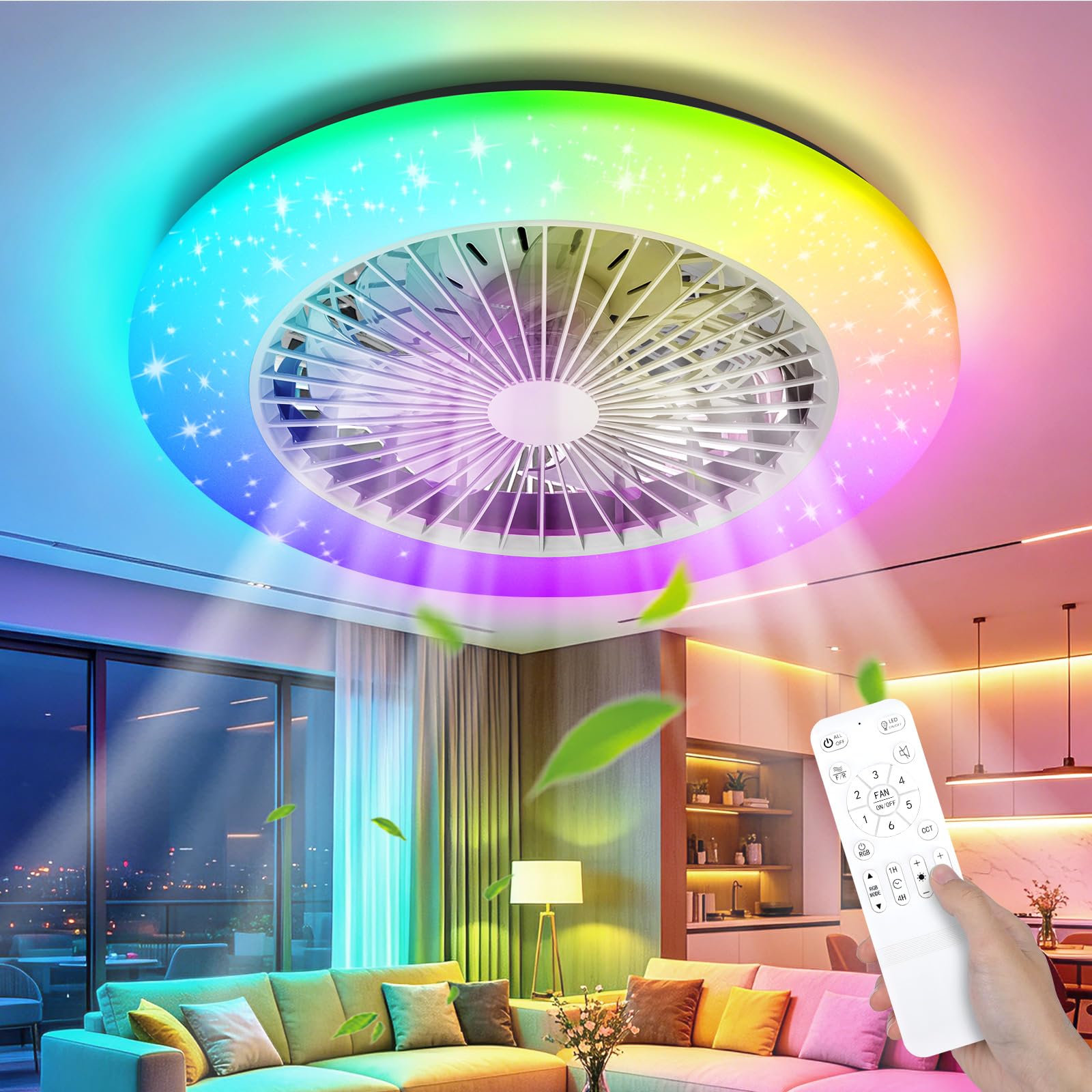 Aigostar 18.7 Ceiling Fan With Light And Remote Control40 W 4800 Lm Dimmable Cct Rgb Led For BedroomQuiet Dc Motor Flush from B&Q