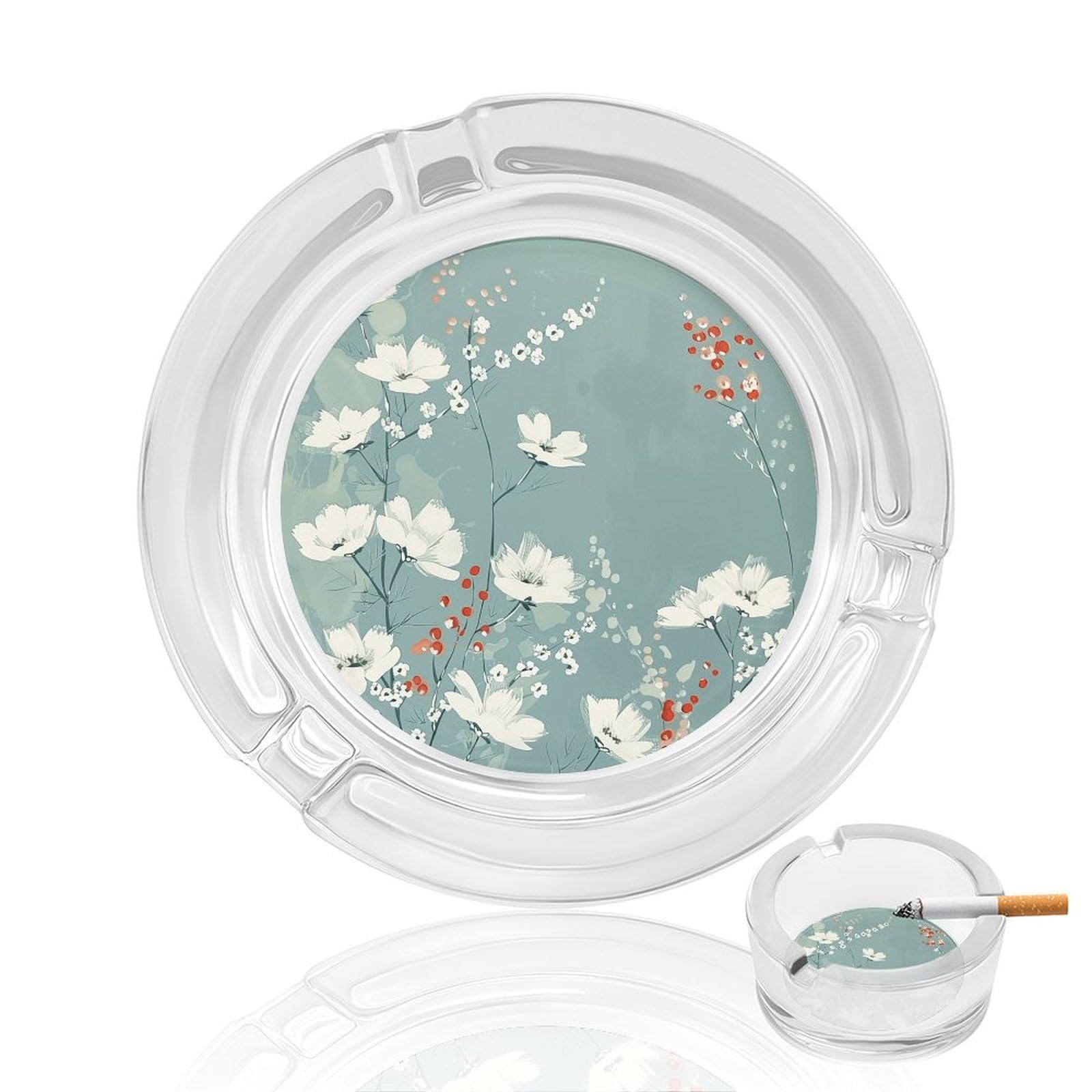 Cendrier sans fumée extérieur et intérieur en verre fleurs cyan clair