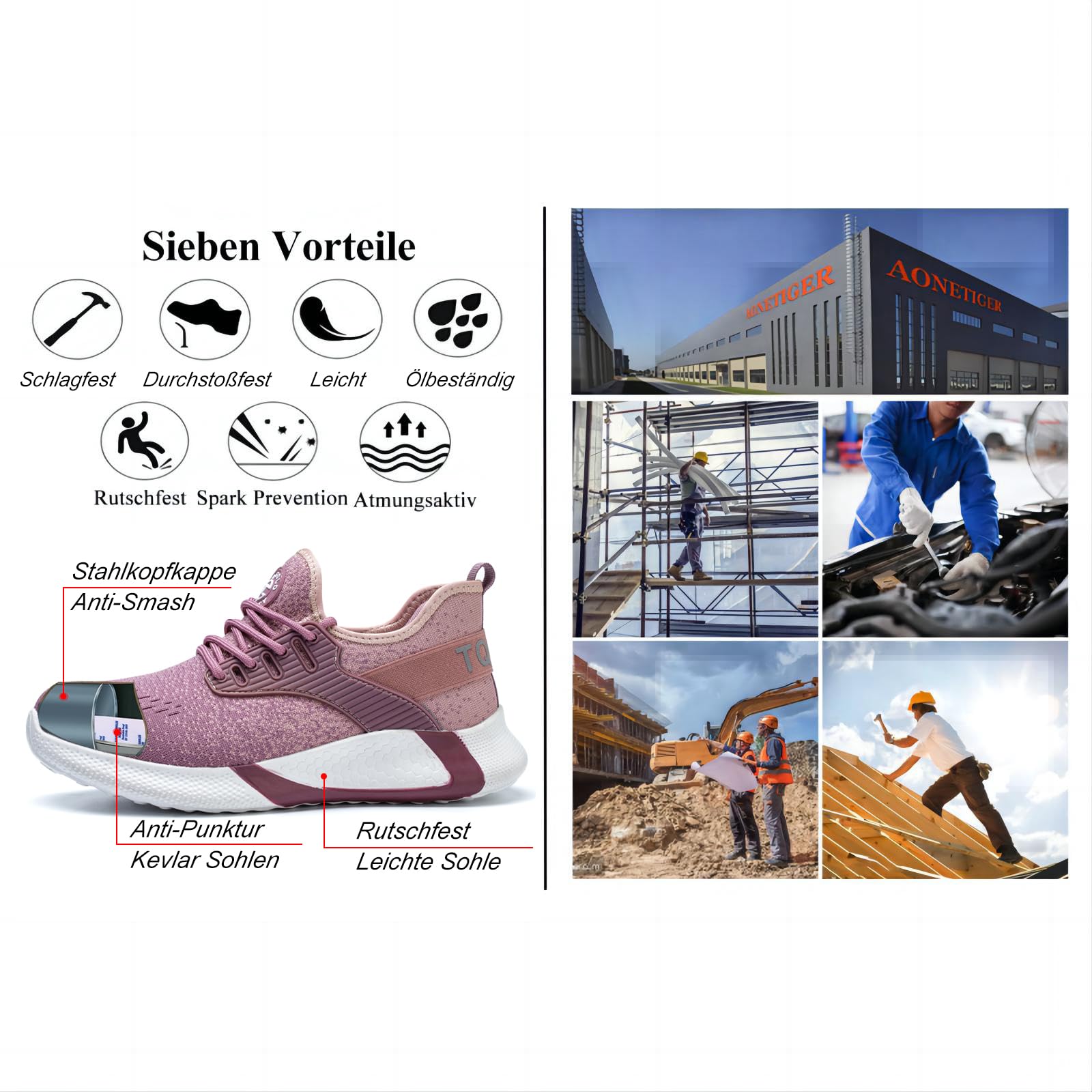AONETIGER Obuwie ochronne dla mężczyzn i kobiet, S3, lekkie buty robocze, stalowy nosek, sportowe, oddychające, antypoślizgowe, 8195 Pink B, 43 EU