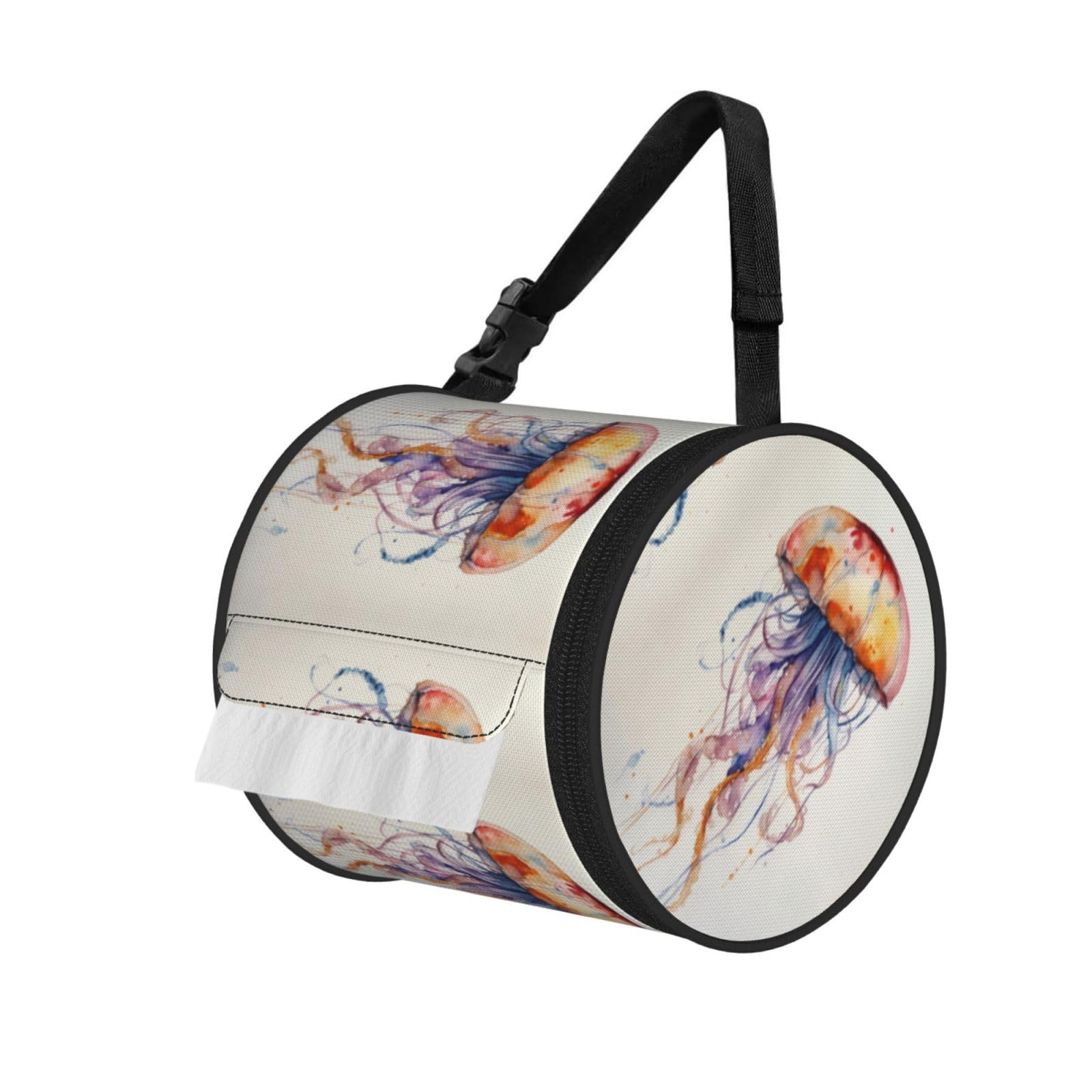 Jellyfish Pattern Printed Hanging Tissue Organizer, Smooth Zipper Oxford Cloth Roll Holder for RV Bathroom Desk