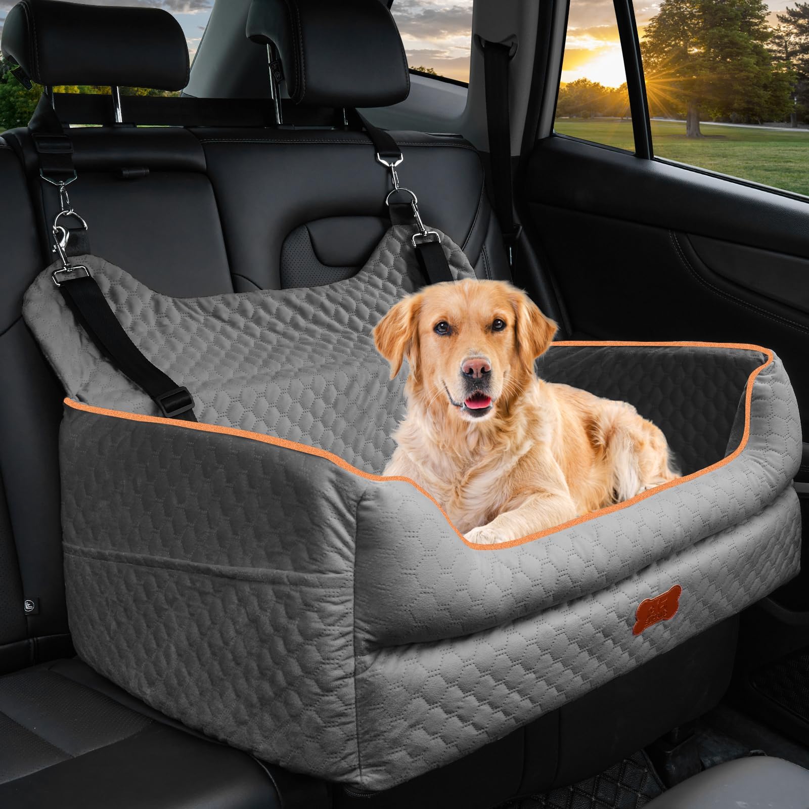 Dog Car Seat Booster with Memory Foam - Secure Strap Installation, Thick Padding & Storage Bag - Heavy-Duty Travel Bed for Large/Medium Dogs up to 24.95 KG or 2 Small Dogs - Washable Car Seat, Grey
