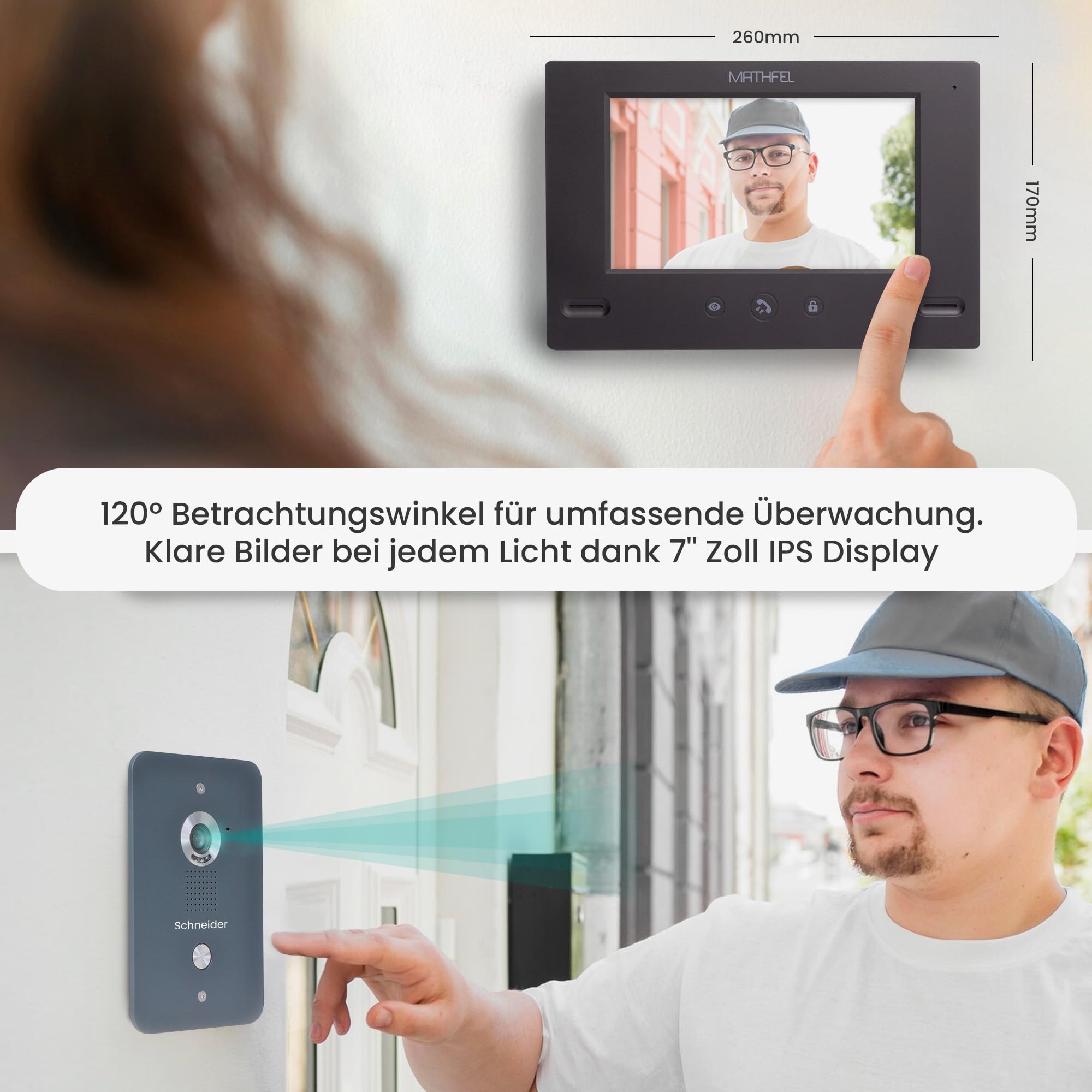 Mathfel Video Türsprechanlage mit Kamera und Türöffner, 7'' Farbmonitor, 4-Draht-Technik - Türklingel mit Kamera, Gegensprechanlage mit Türöffner