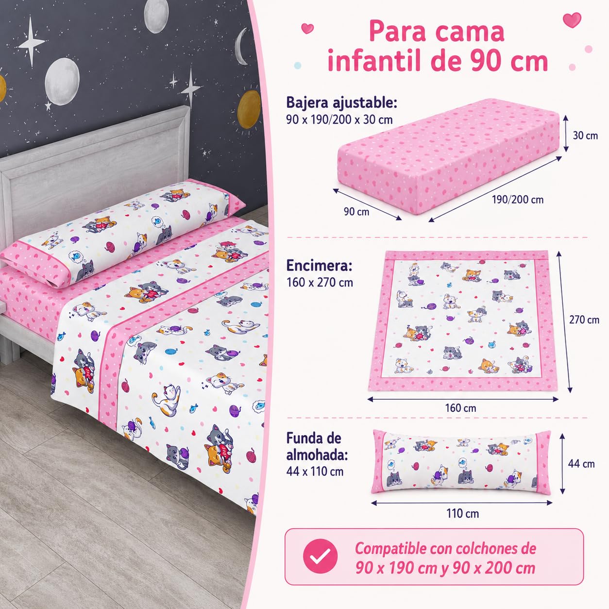 various Juego de Sábanas Infantiles Cama 90 cm Gatitos Rosa | 3 piezas, bajera ajustable, encimera y funda,50% algodón, 50% poliéster, uso diario infantil