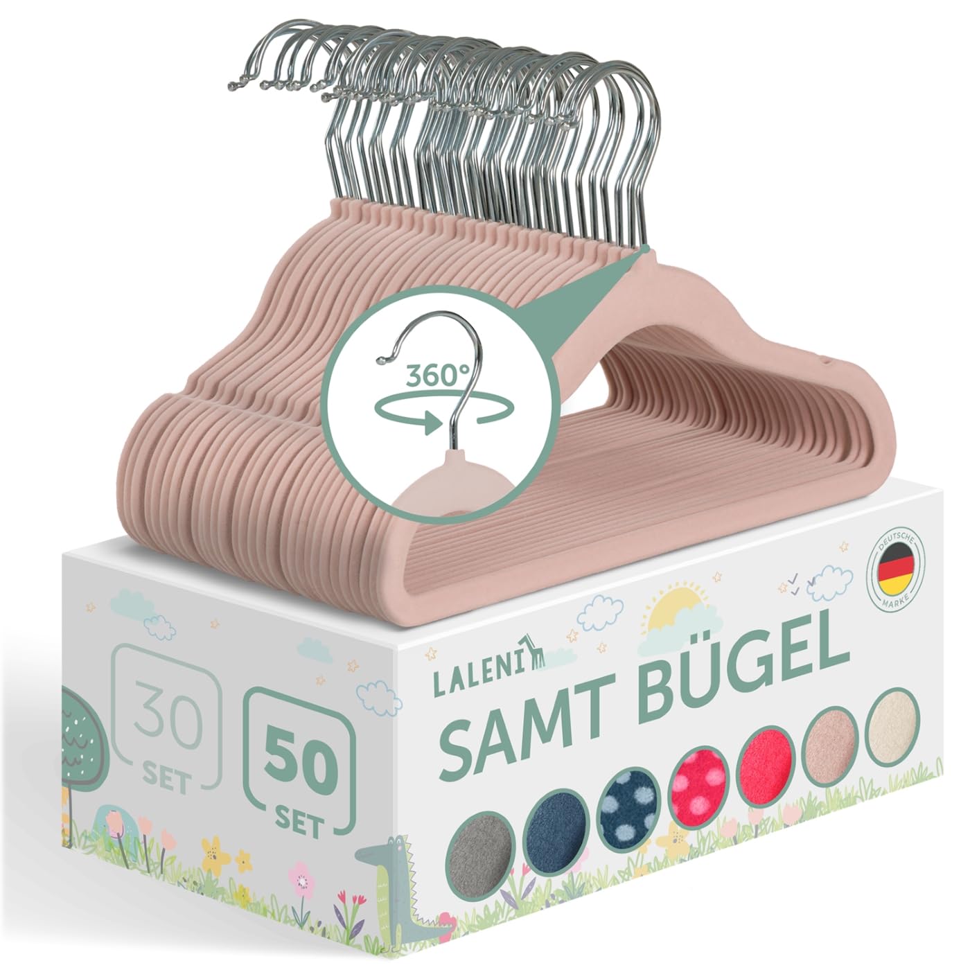 Laleni Kinderkleiderbügel - 50 Stück mit Samtbezug - Platzsparend & 360° drehbar - Rutschfest