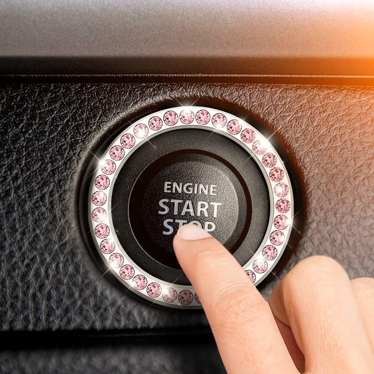 2 PCS Crystal Rhinestone Car Engine Start Stop Decoration Ring, Bling Car Accessories for Women, Push to Start Button, Key Ignition Starter & Knob Bling Ring (Pink/Single Ring)