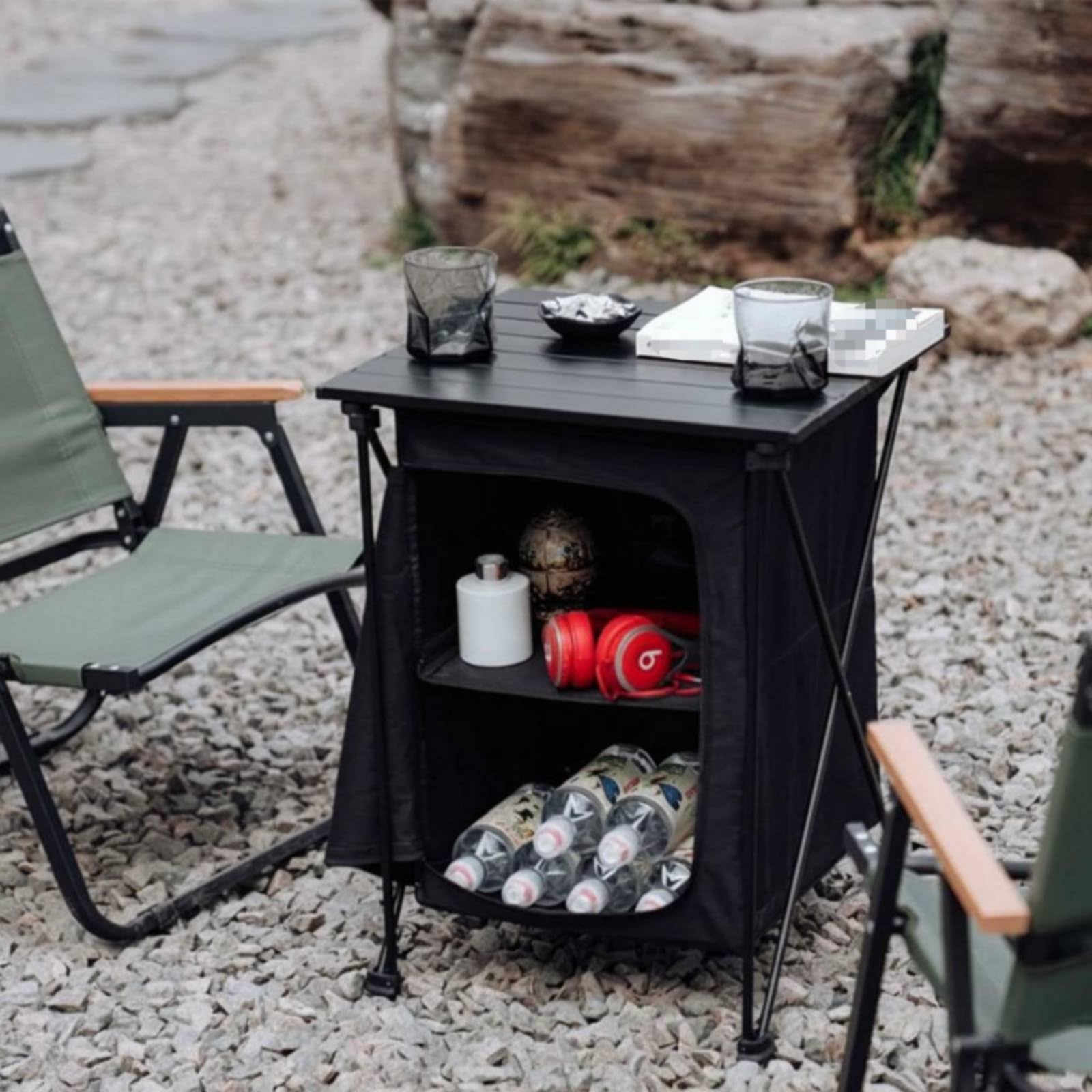 Armoire de Rangement Portable Table de Cuisine Pliable de Camping en Aluminium Pratique à Transporter pour le Rangement d'Ustensile Plein Air Pique-nique Séjour, Vert Armée