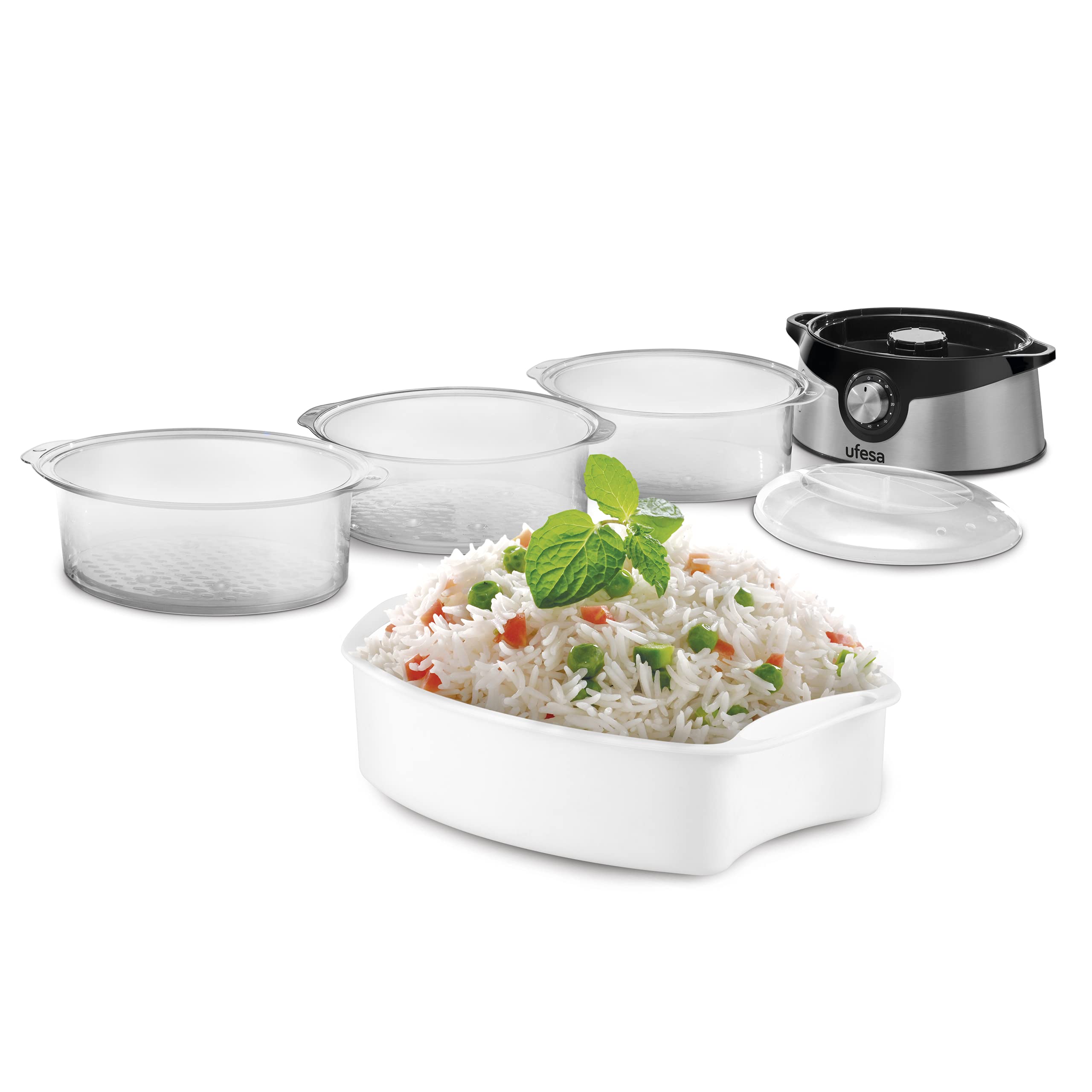 Ufesa CV4000 Vaporera Eléctrica 800W, 3 Bandejas Apilables, Capacidad 9L, Temporizador de 60min, Incluye Cuenco 1L para Arroz, Sin BPA, Inox