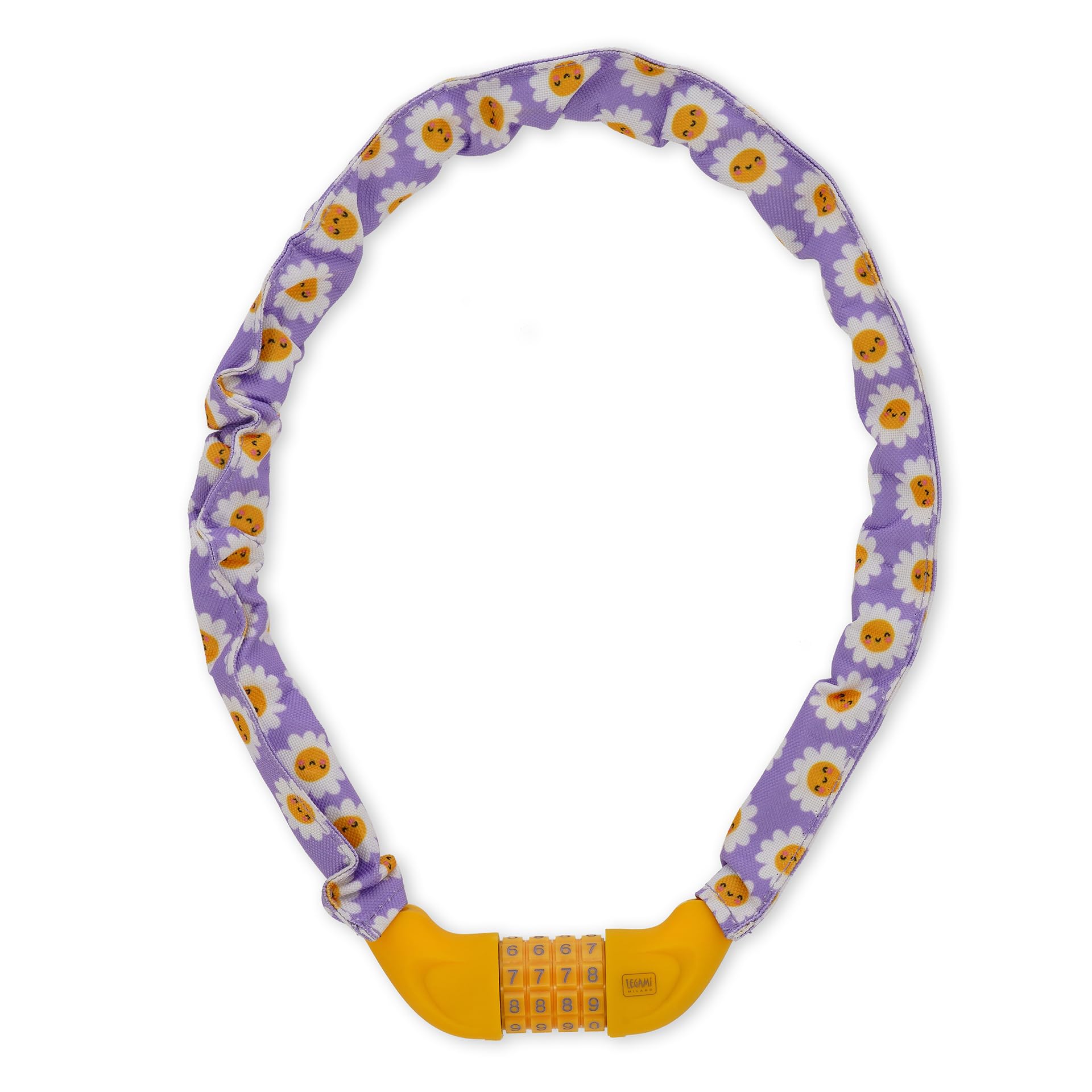 Legami Daisy Bike Lock, a purple chain lock with white daisy patterns and a yellow combination mechanism.