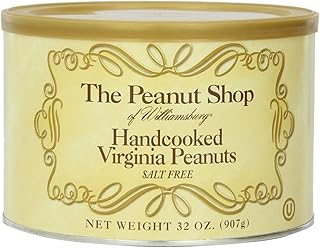 The Peanut Shop of Williamsburg Unsalted Virginia Peanuts, Non-Gmo Handcooked Salt-Free Williamsburg Peanuts Gluten-Free - 32 Oz Tin